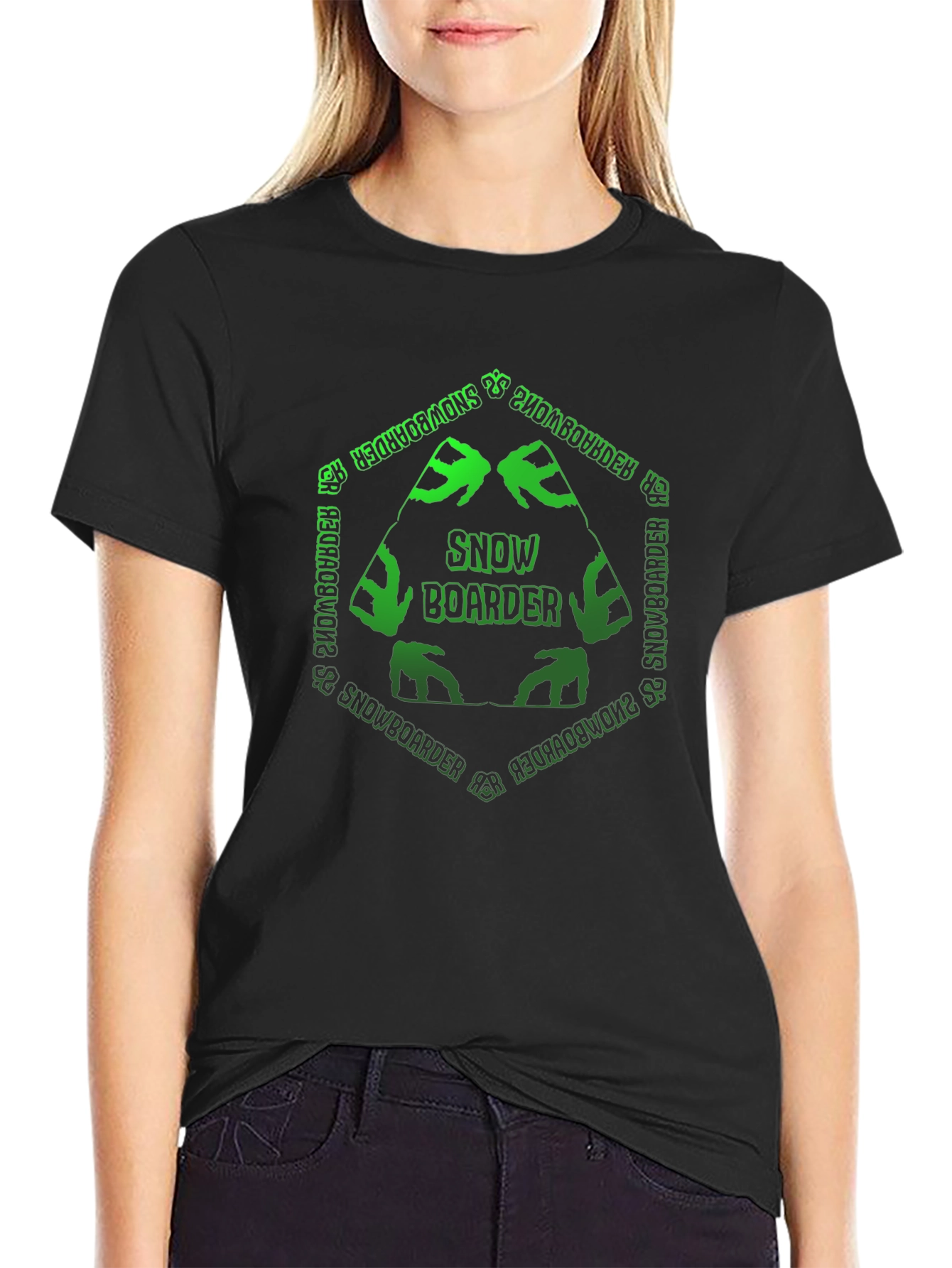 Snowboarder T-Shirt: Green Hexagon Design