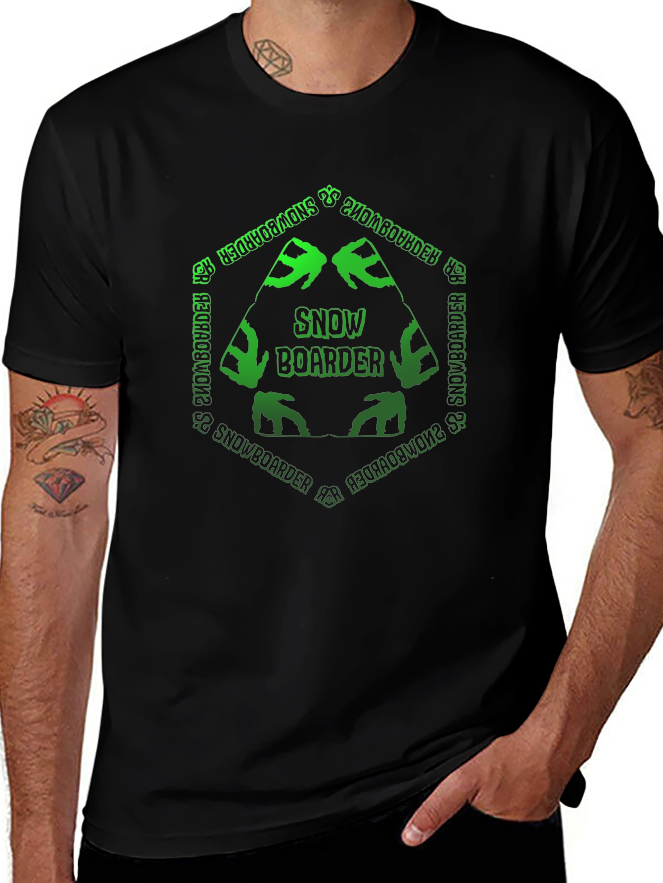Snowboarder T-Shirt: Green Hexagon Design