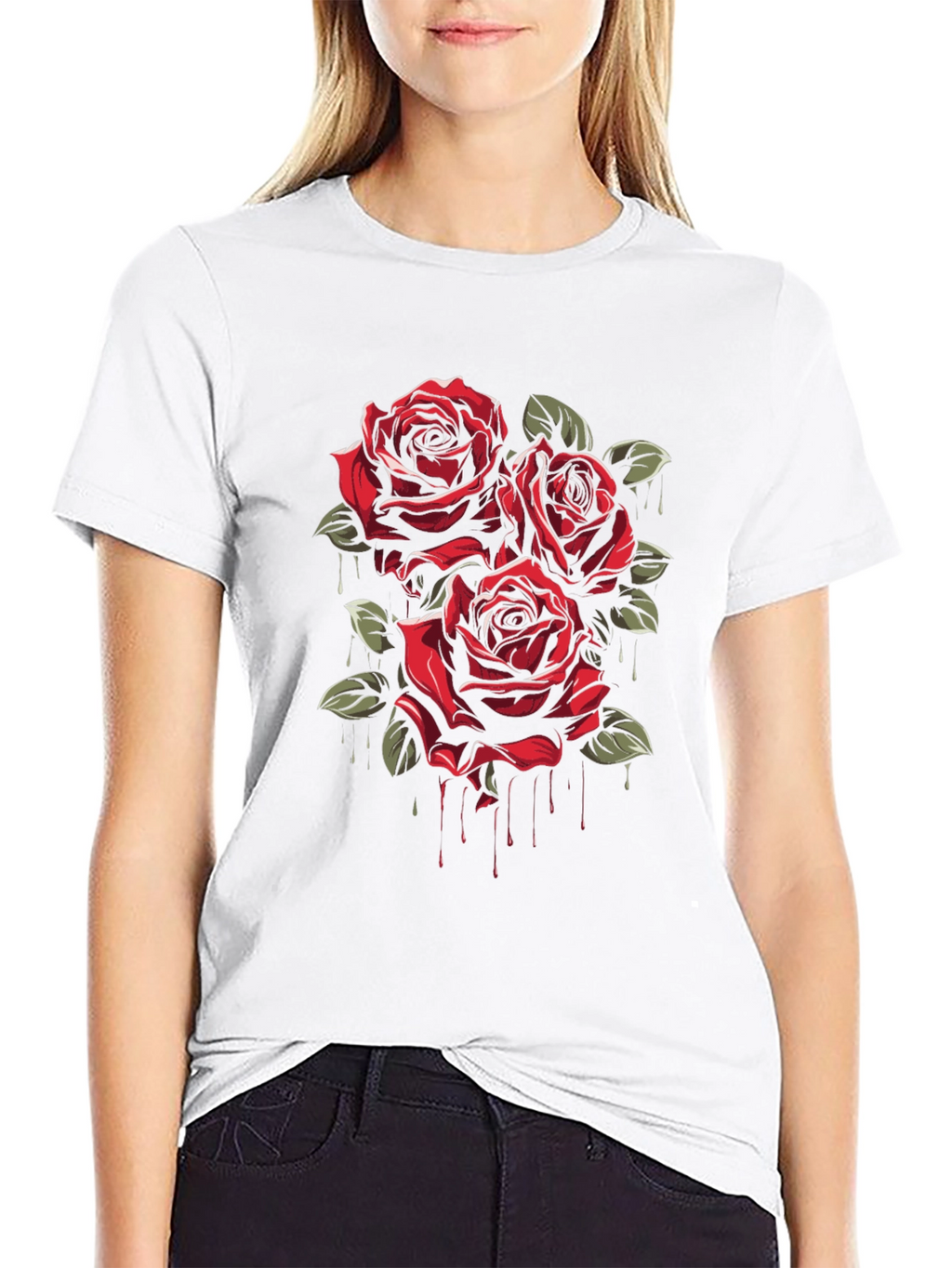Mens Black T-Shirt with Red Roses Graphic