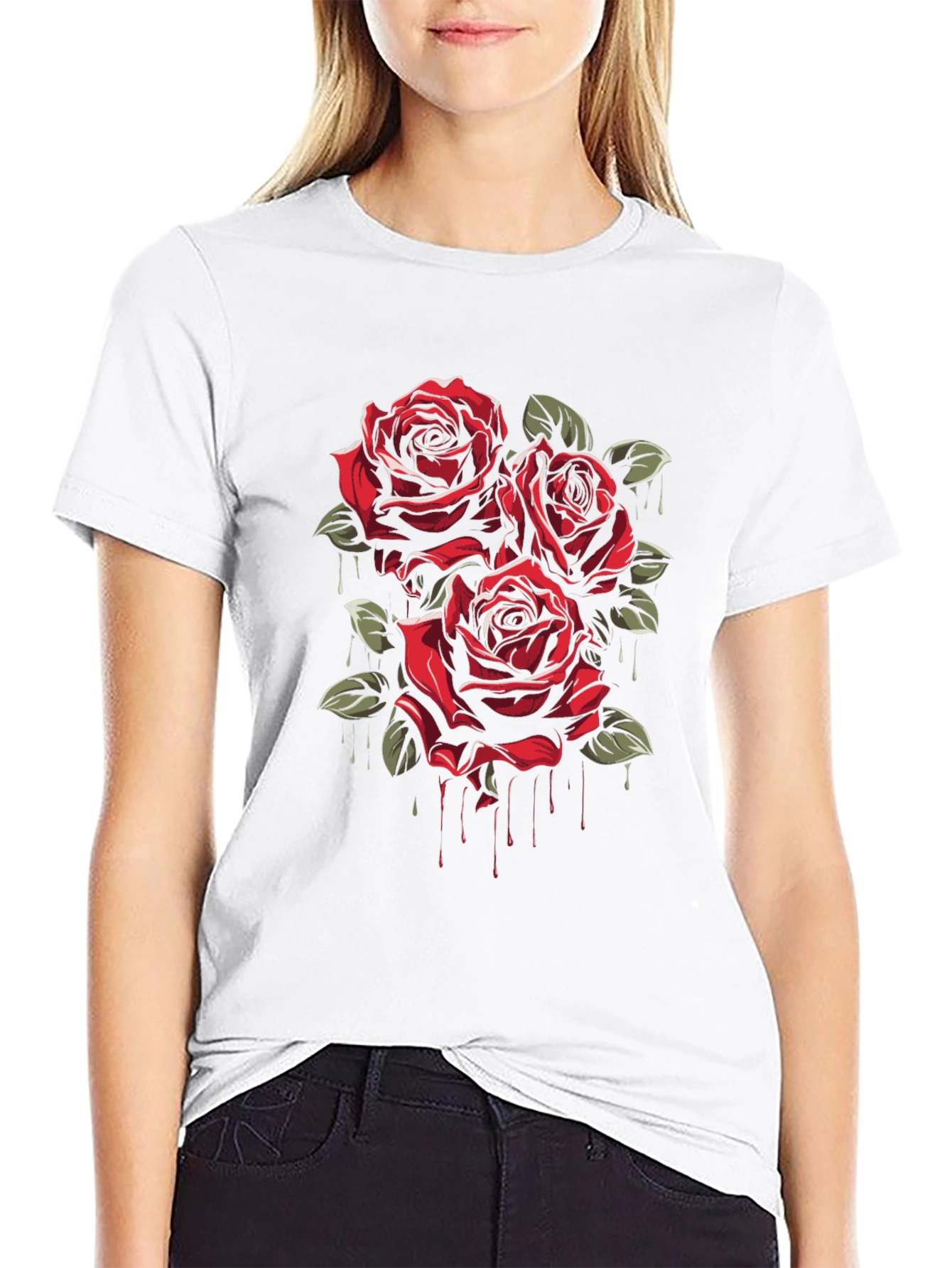 Mens Black T-Shirt with Red Roses Graphic