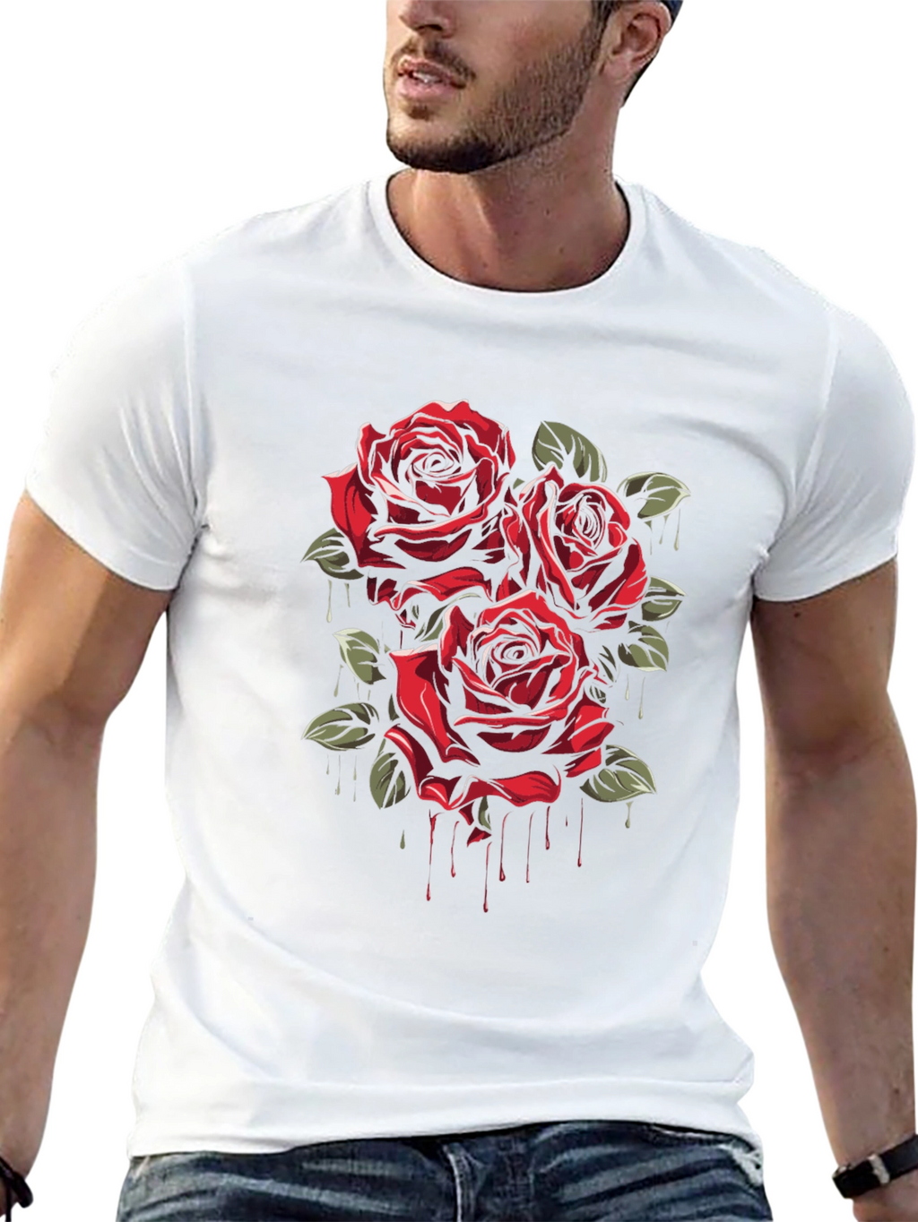 Mens Black T-Shirt with Red Roses Graphic