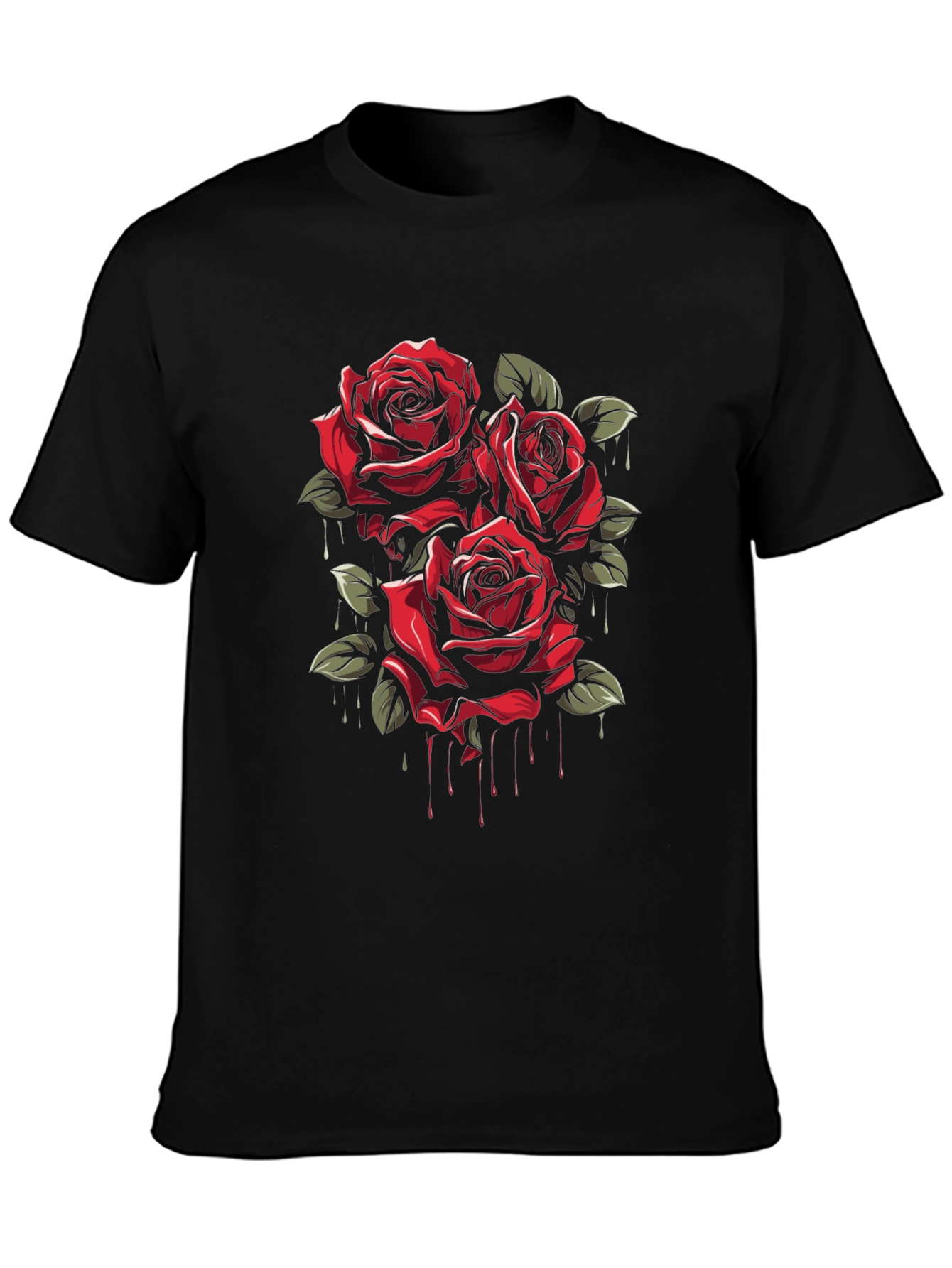 Mens Black T-Shirt with Red Roses Graphic