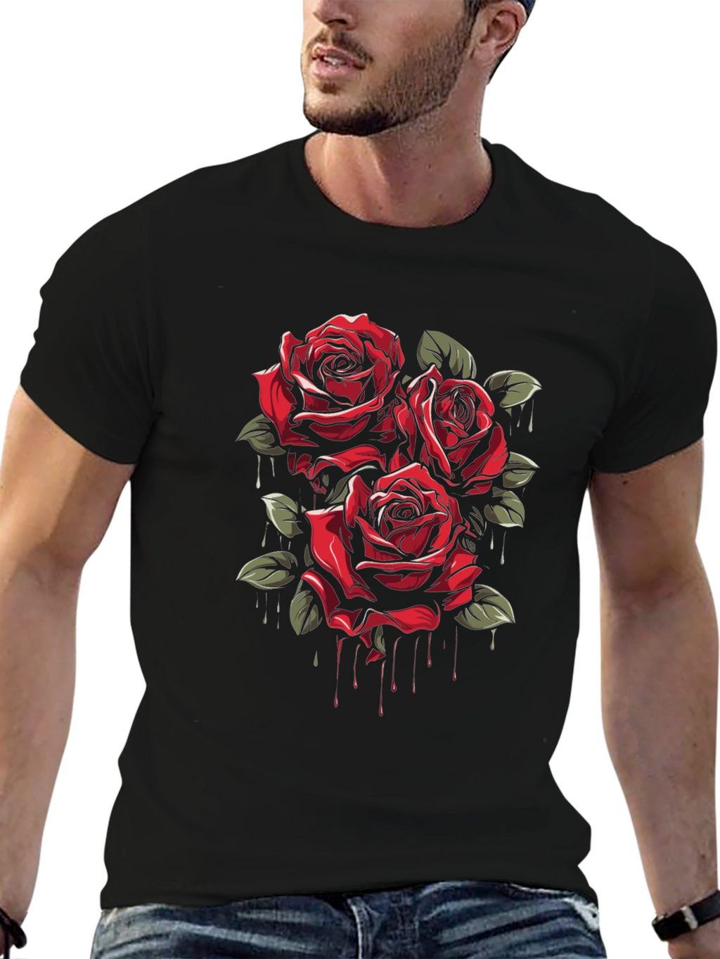 Mens Black T-Shirt with Red Roses Graphic