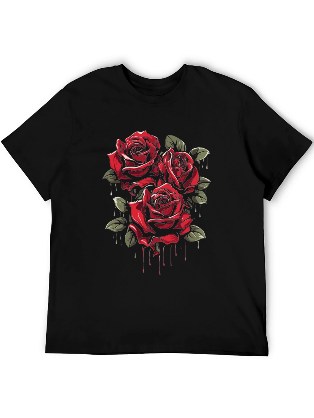 Mens Black T-Shirt with Red Roses Graphic