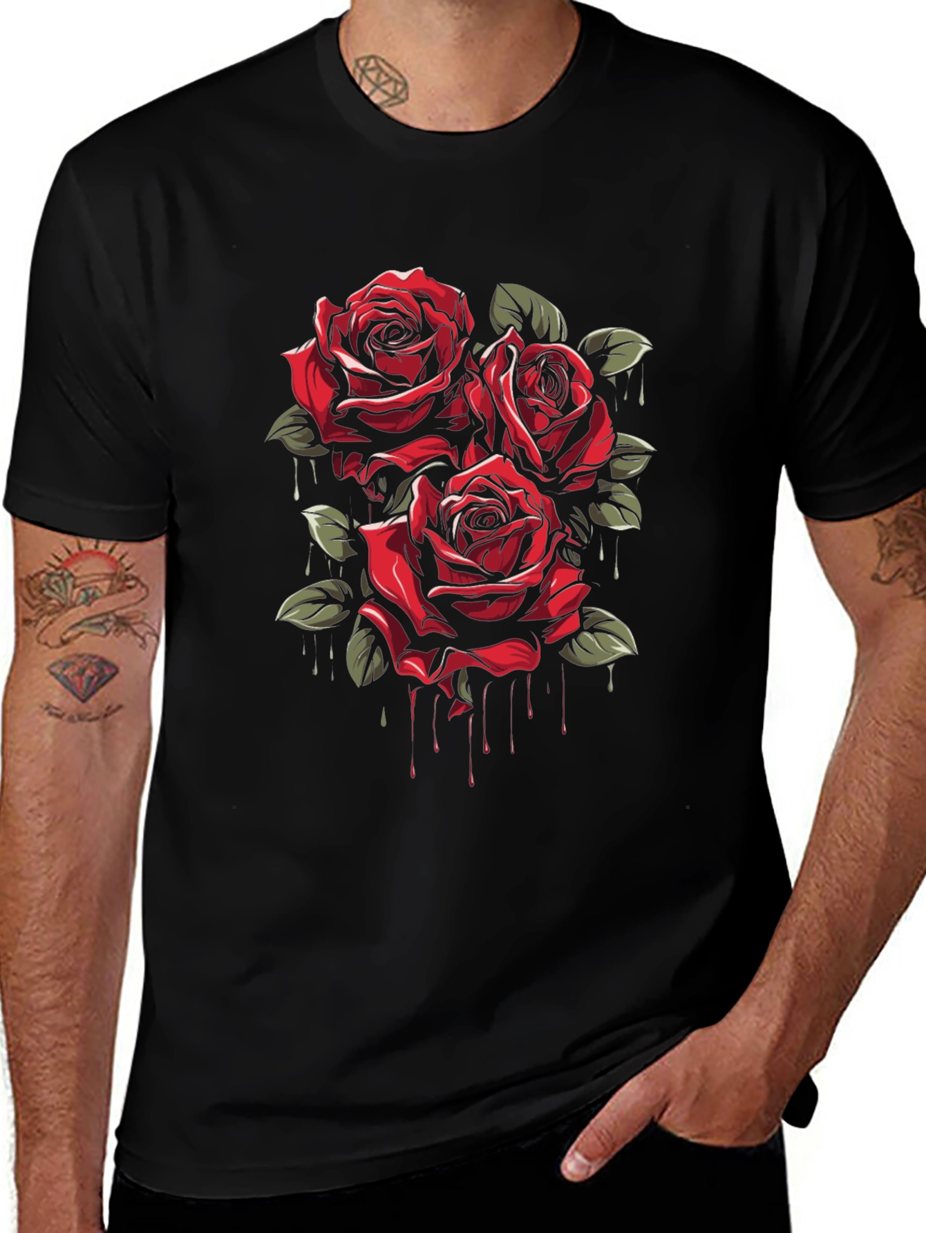 Mens Black T-Shirt with Red Roses Graphic