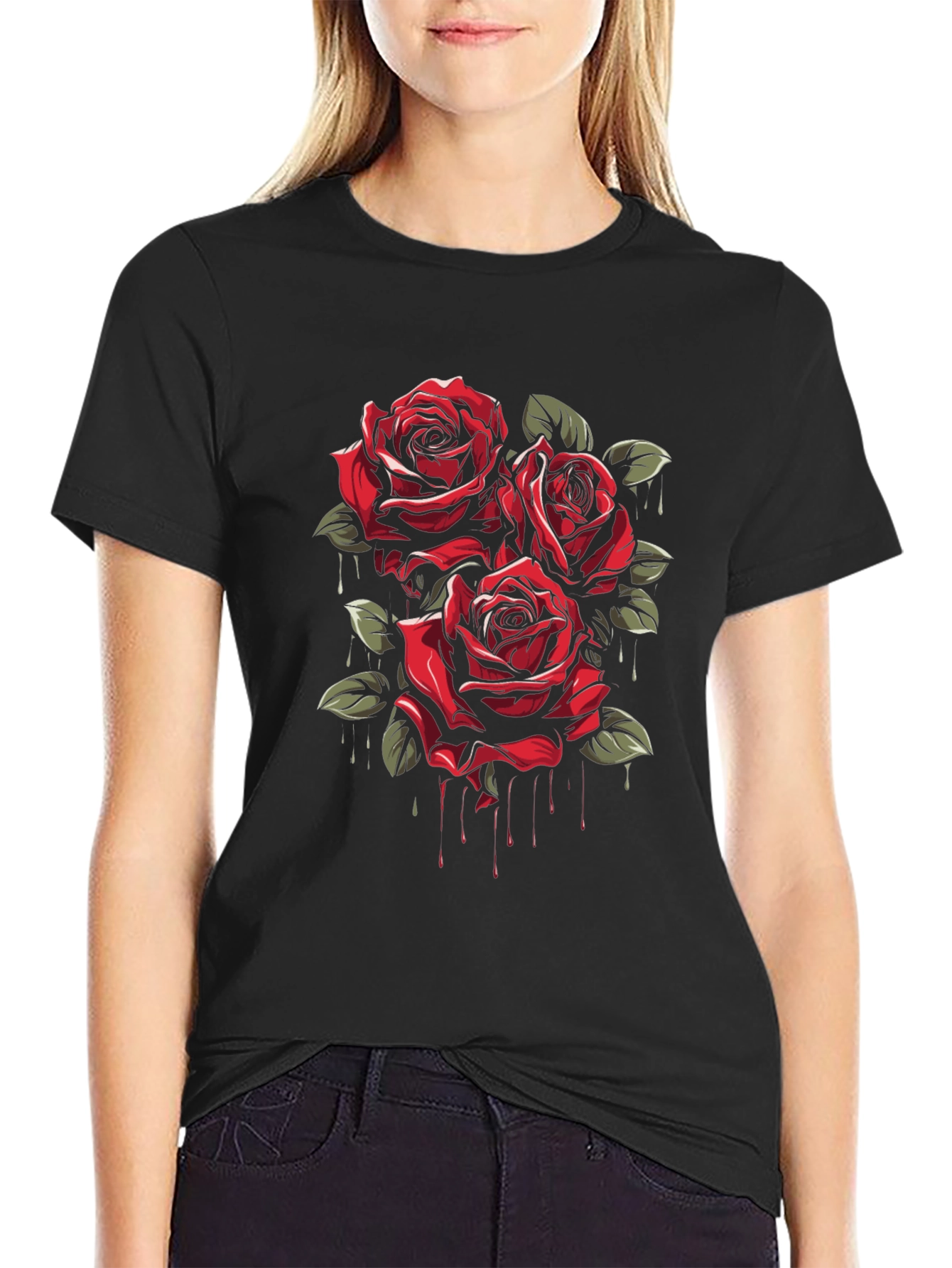 Mens Black T-Shirt with Red Roses Graphic