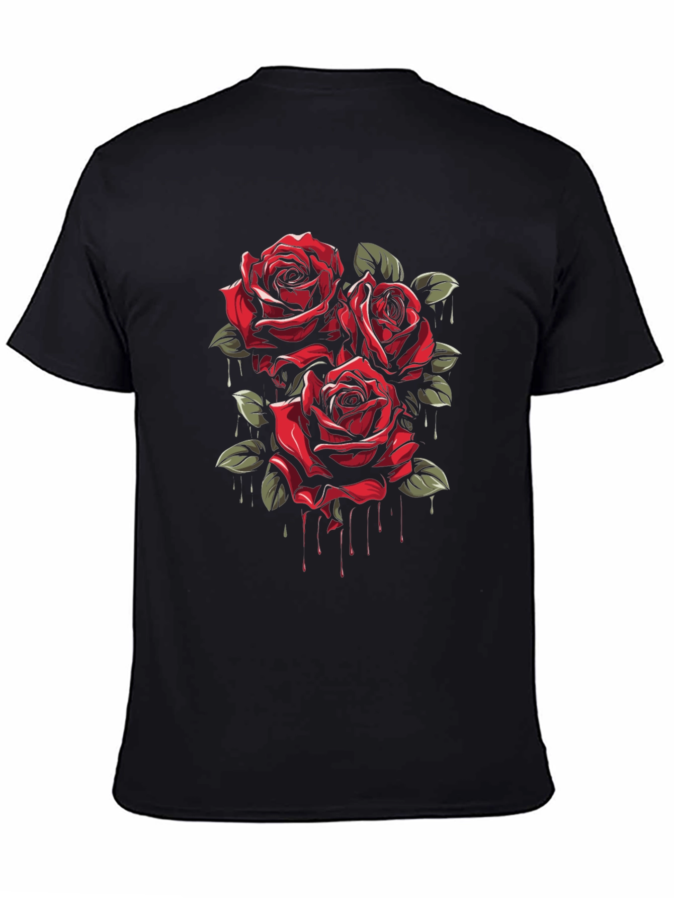 Mens Black T-Shirt with Red Roses Graphic