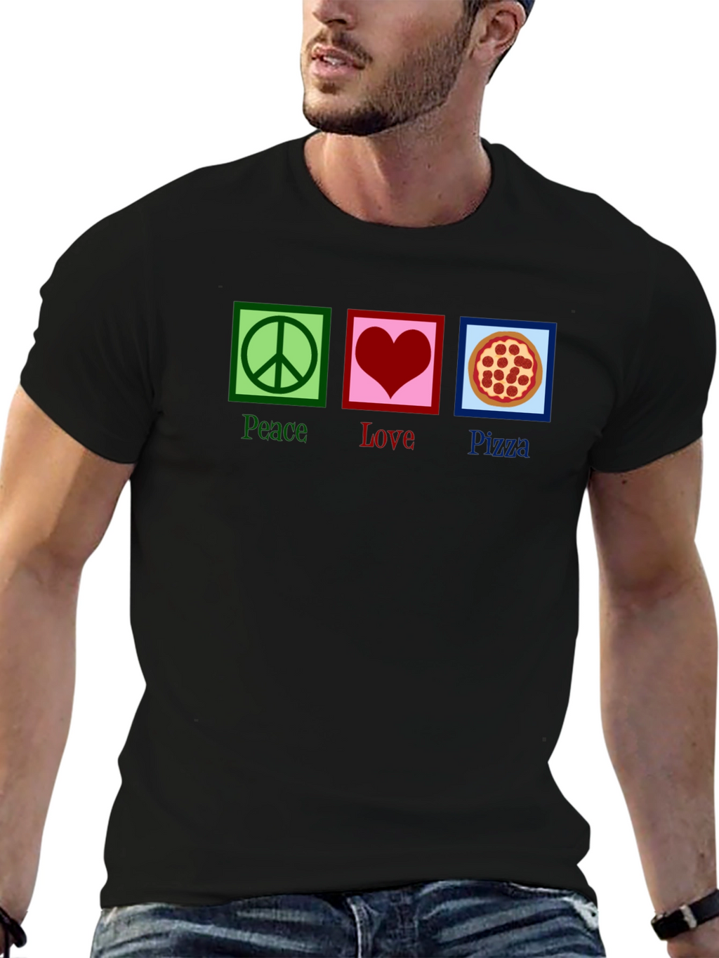 Peace Love Pizza Graphic Tee - Black Cotton T-Shirt