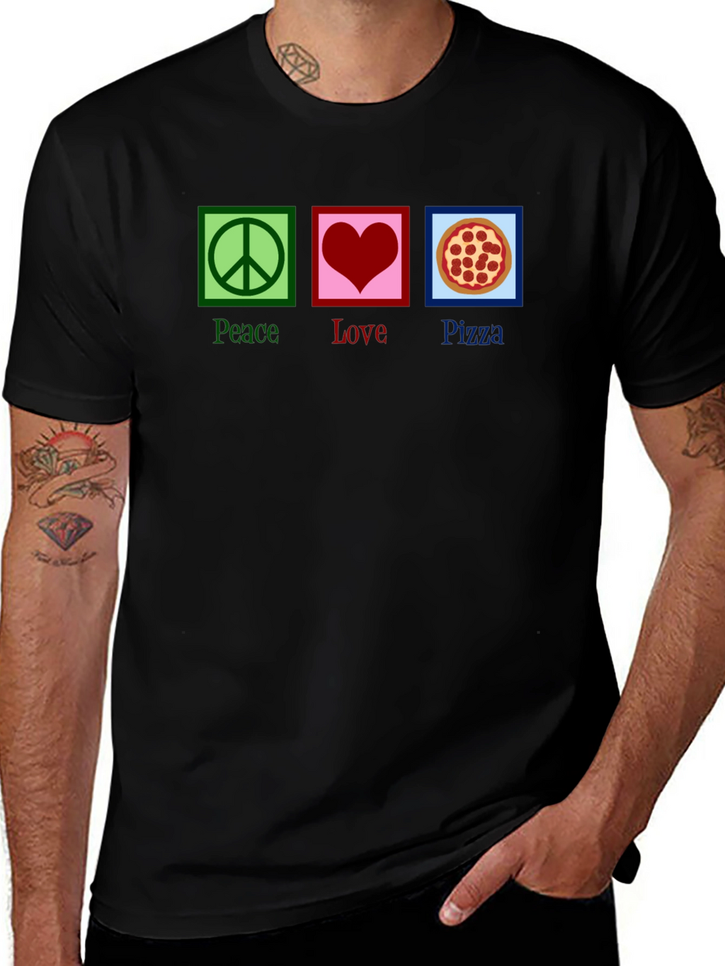 Peace Love Pizza Graphic Tee - Black Cotton T-Shirt