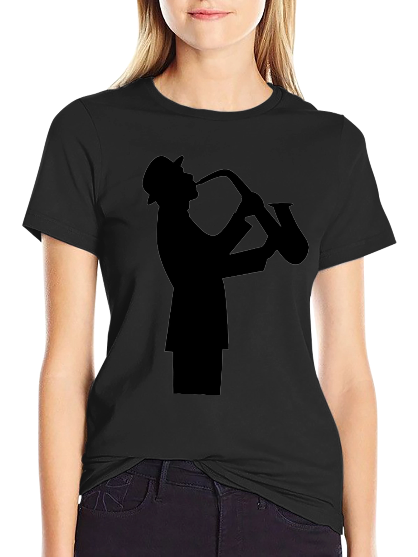 Jazz Sax Player Silhouette Black T-Shirt