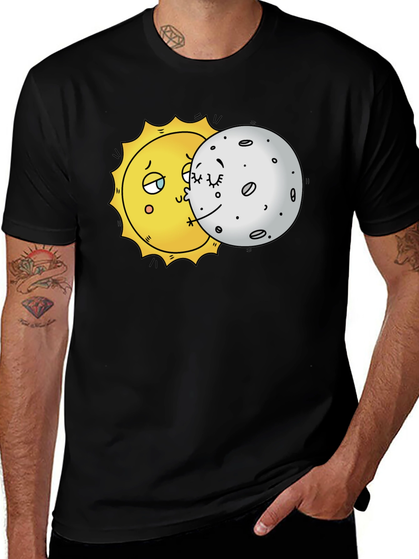 Sun and Moon Kissing Graphic Tee - Unique Black T-Shirt
