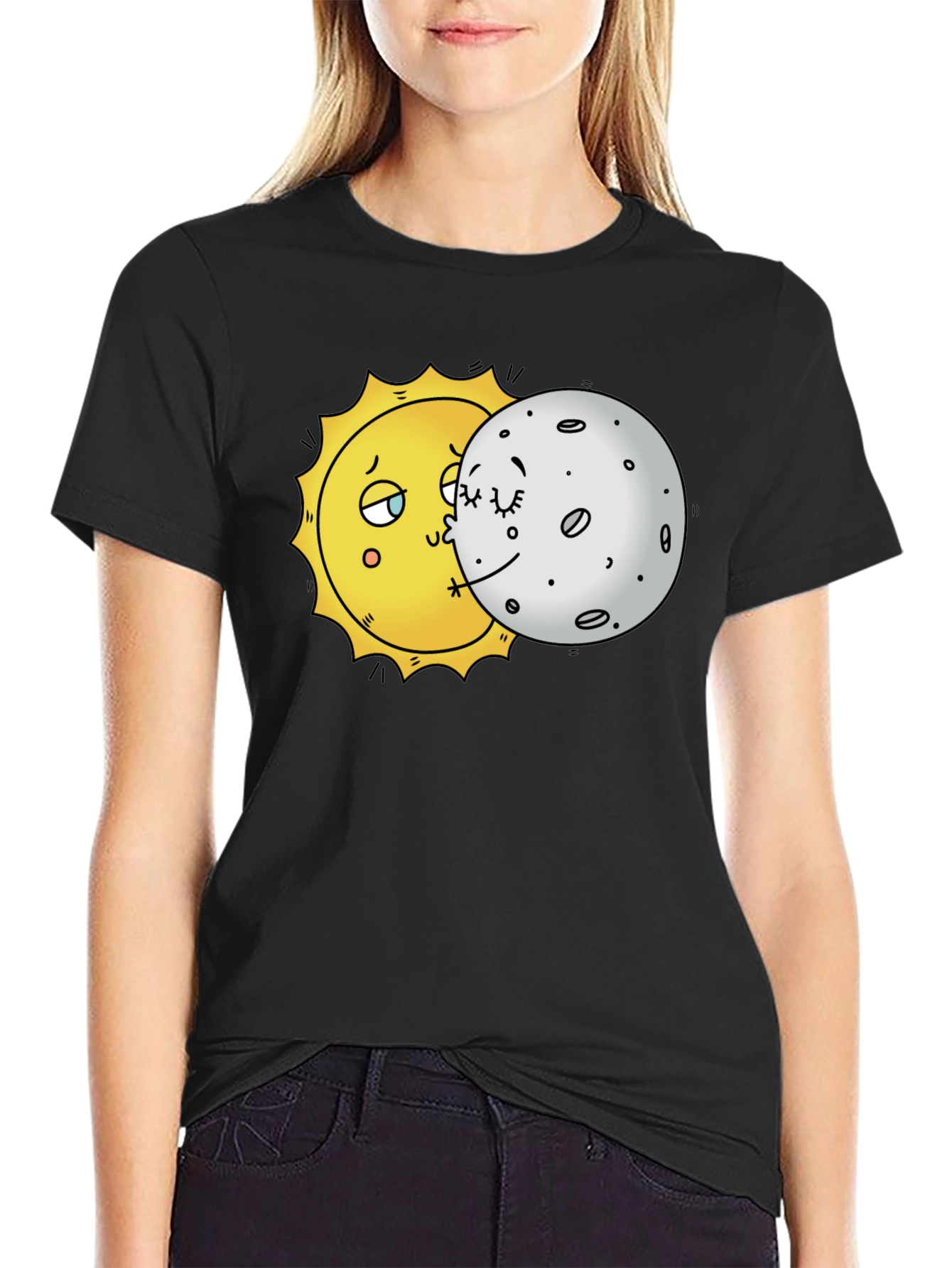Sun and Moon Kissing Graphic Tee - Unique Black T-Shirt