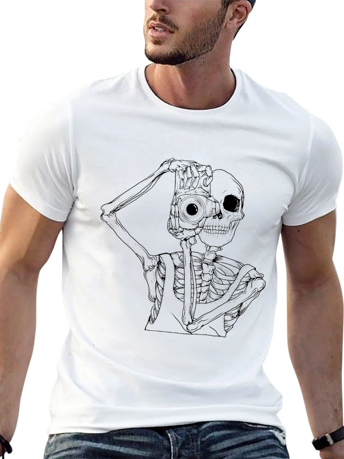 Skeleton Photographer Graphic Tee - Black Cotton
