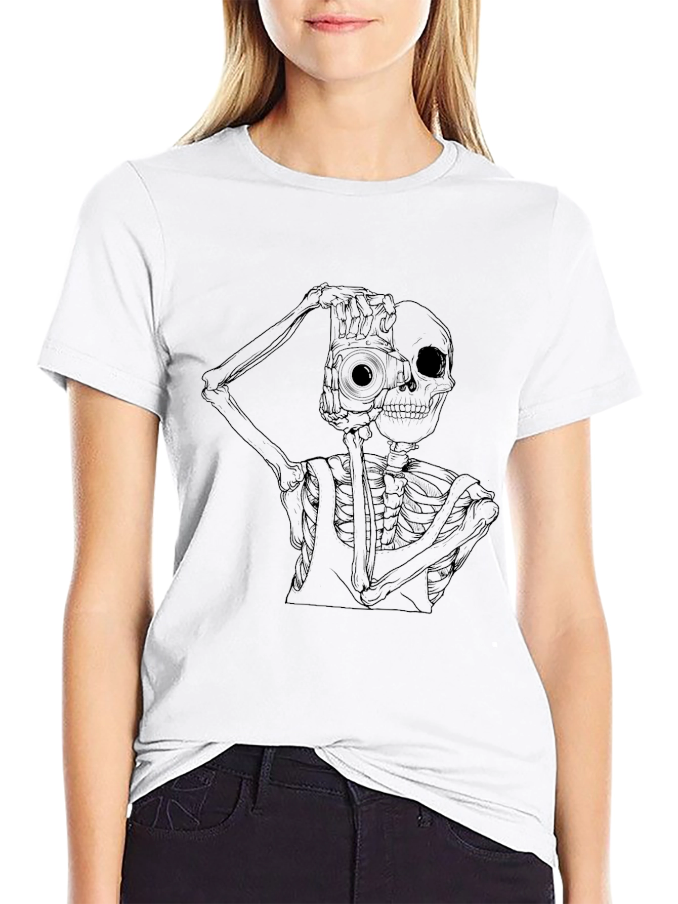 Skeleton Photographer Graphic Tee - Black Cotton