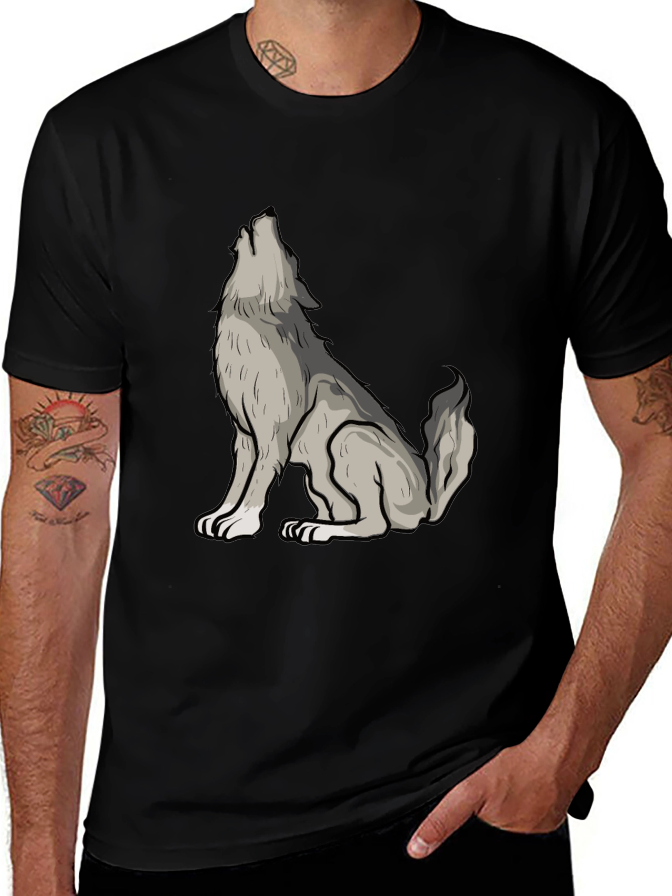 Wolf Howl Graphic Tee - Black Crew Neck Cotton Shirt