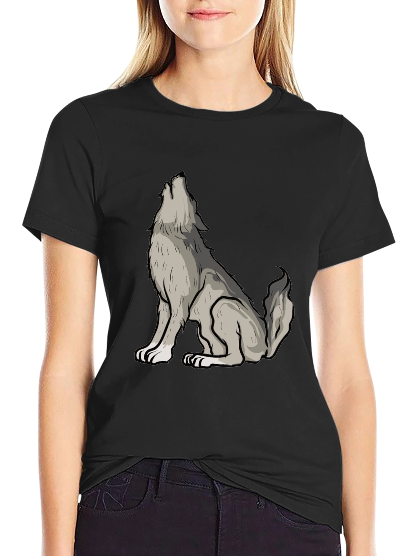 Wolf Howl Graphic Tee - Black Crew Neck Cotton Shirt