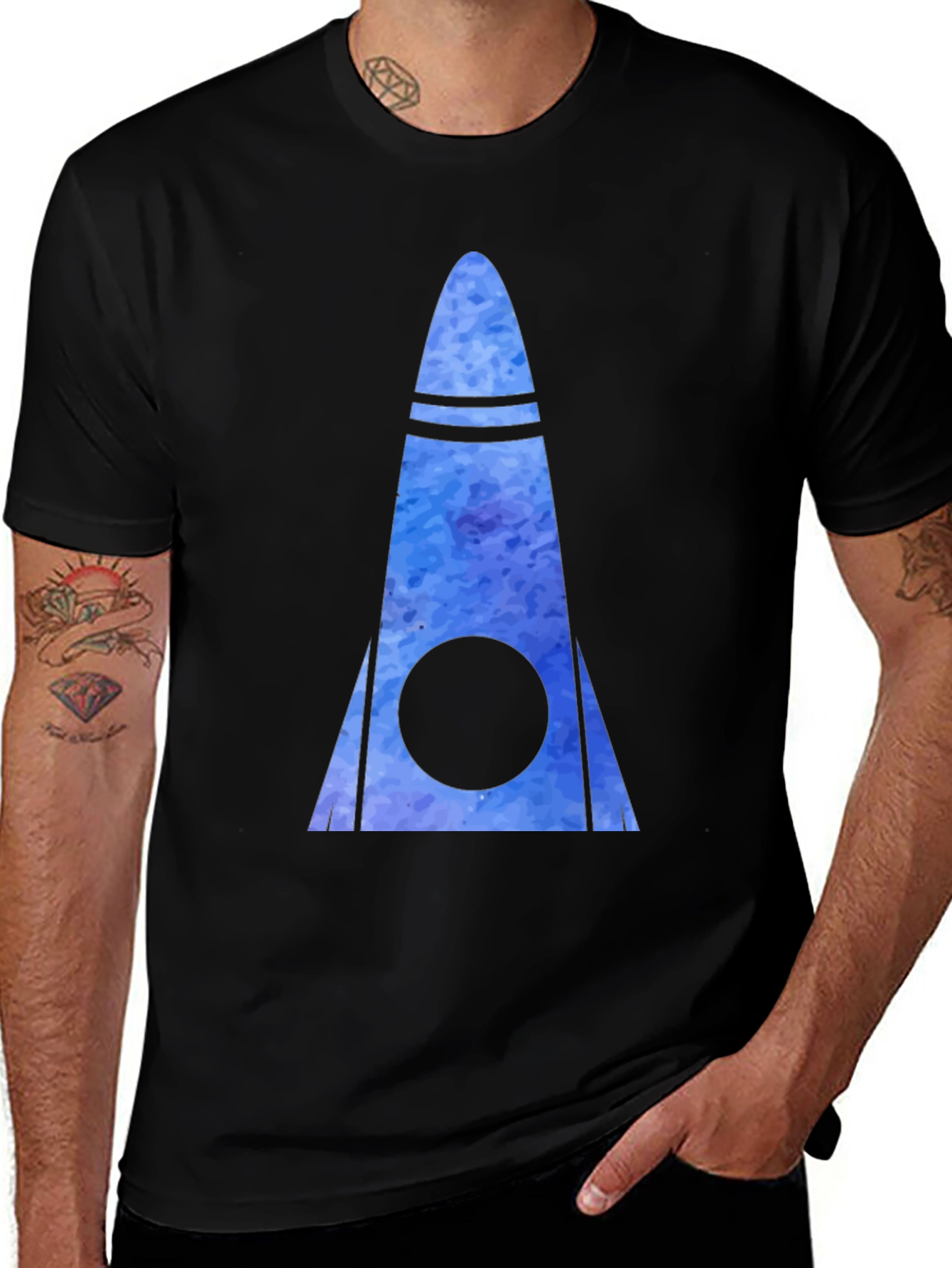 Watercolor Rocketship Graphic Tee - Black Cotton Blend