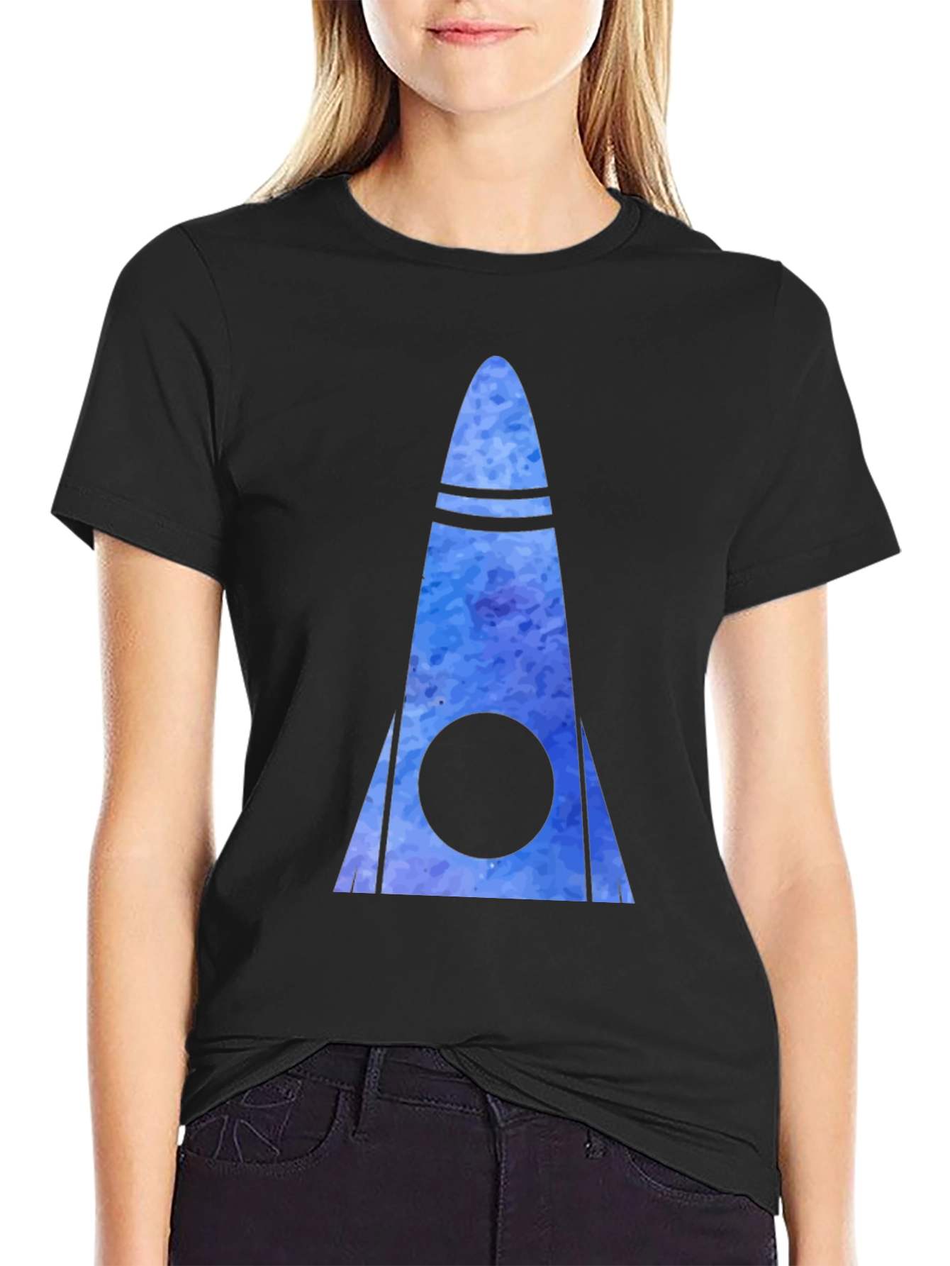 Watercolor Rocketship Graphic Tee - Black Cotton Blend