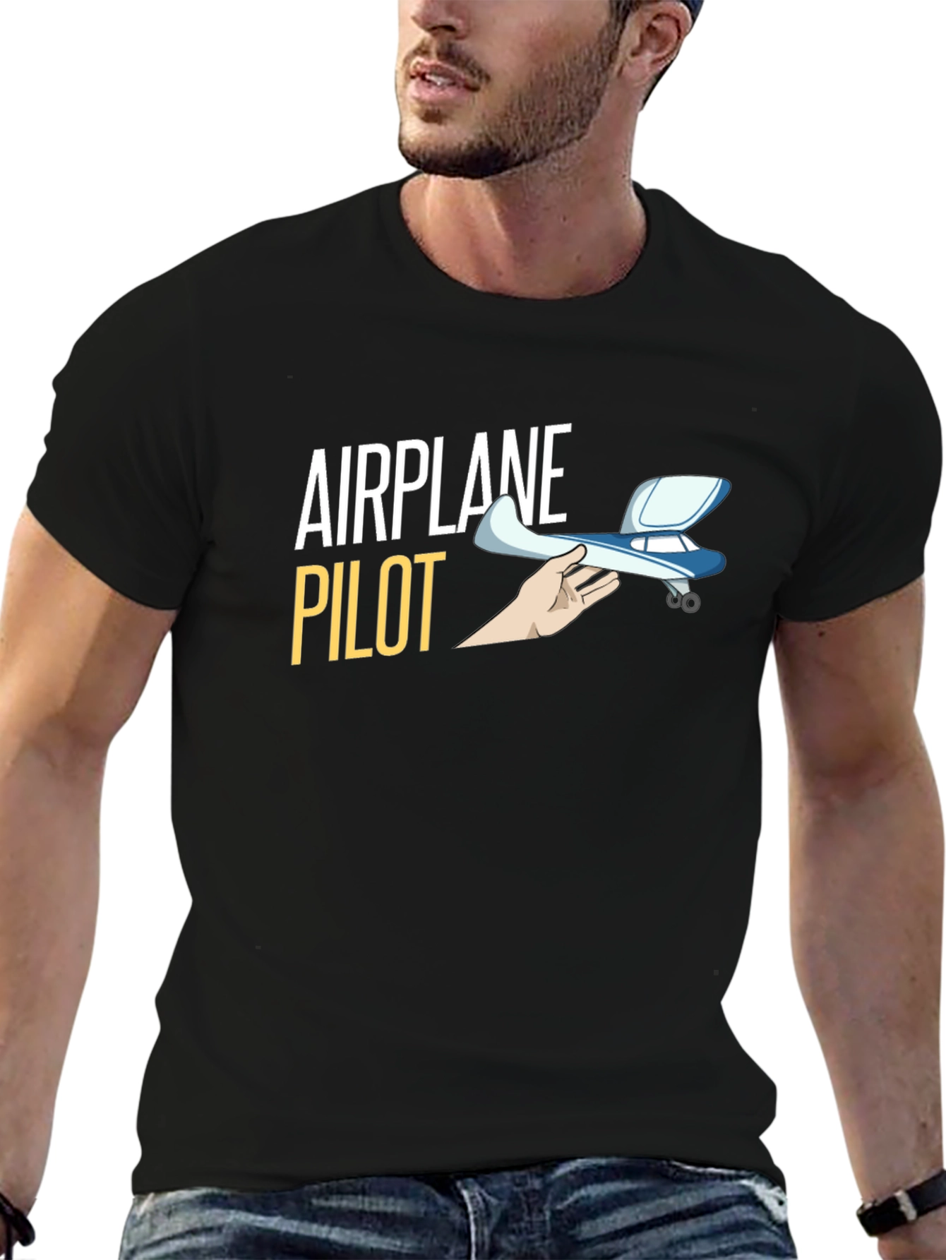 Airplane Pilot Graphic T-Shirt - Black Crew Neck Tee