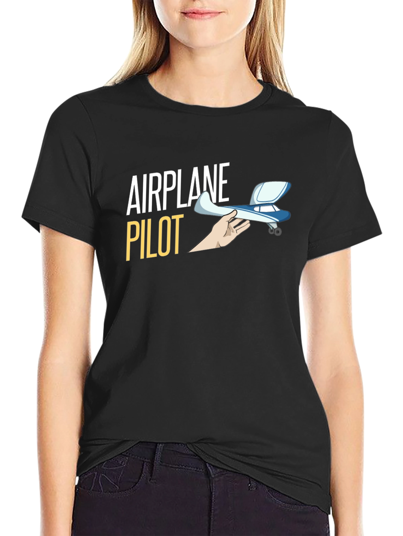 Airplane Pilot Graphic T-Shirt - Black Crew Neck Tee