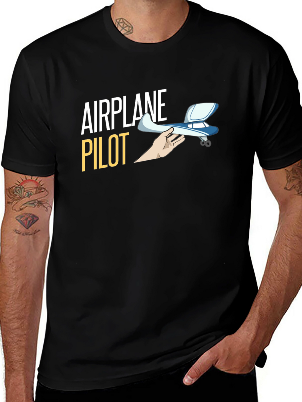 Airplane Pilot Graphic T-Shirt - Black Crew Neck Tee