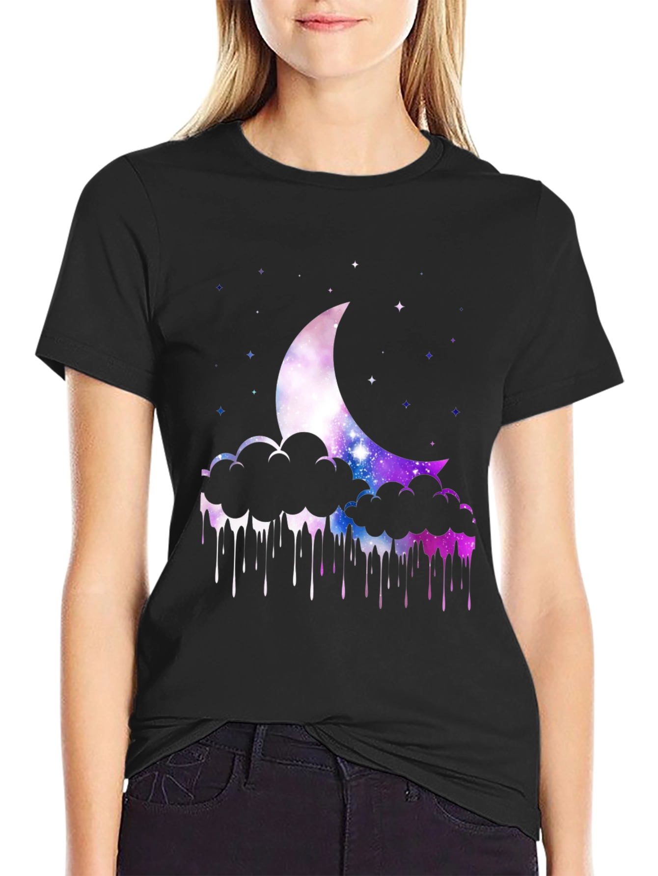 Galaxy Moon Clouds Mens Black T-Shirt