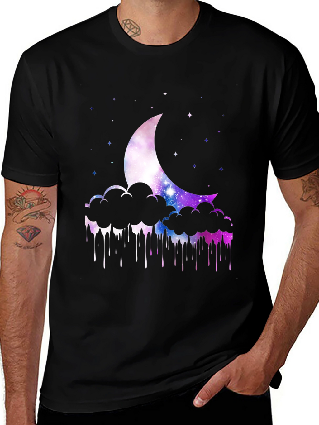 Galaxy Moon Clouds Mens Black T-Shirt