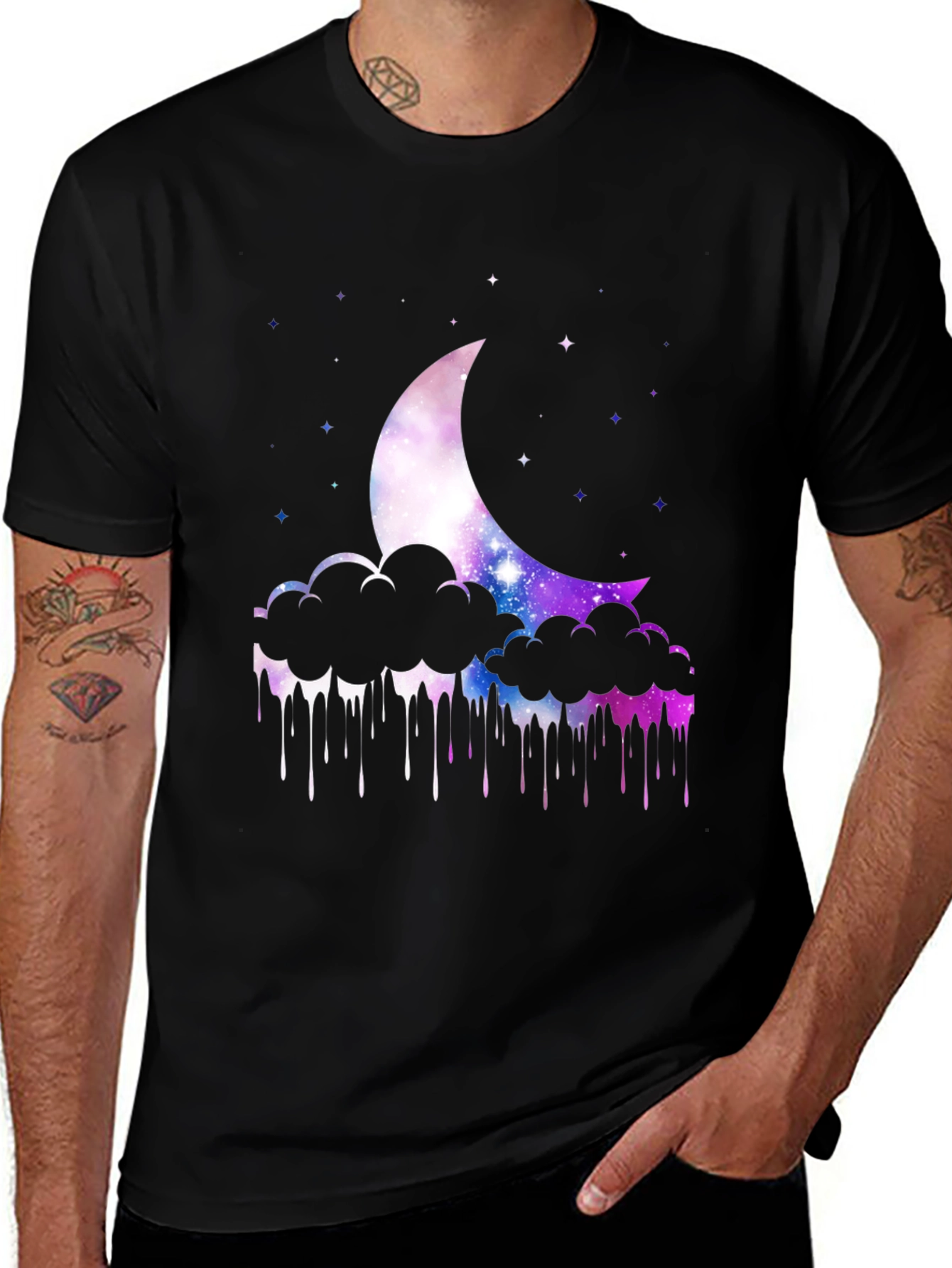 Galaxy Moon Clouds Mens Black T-Shirt