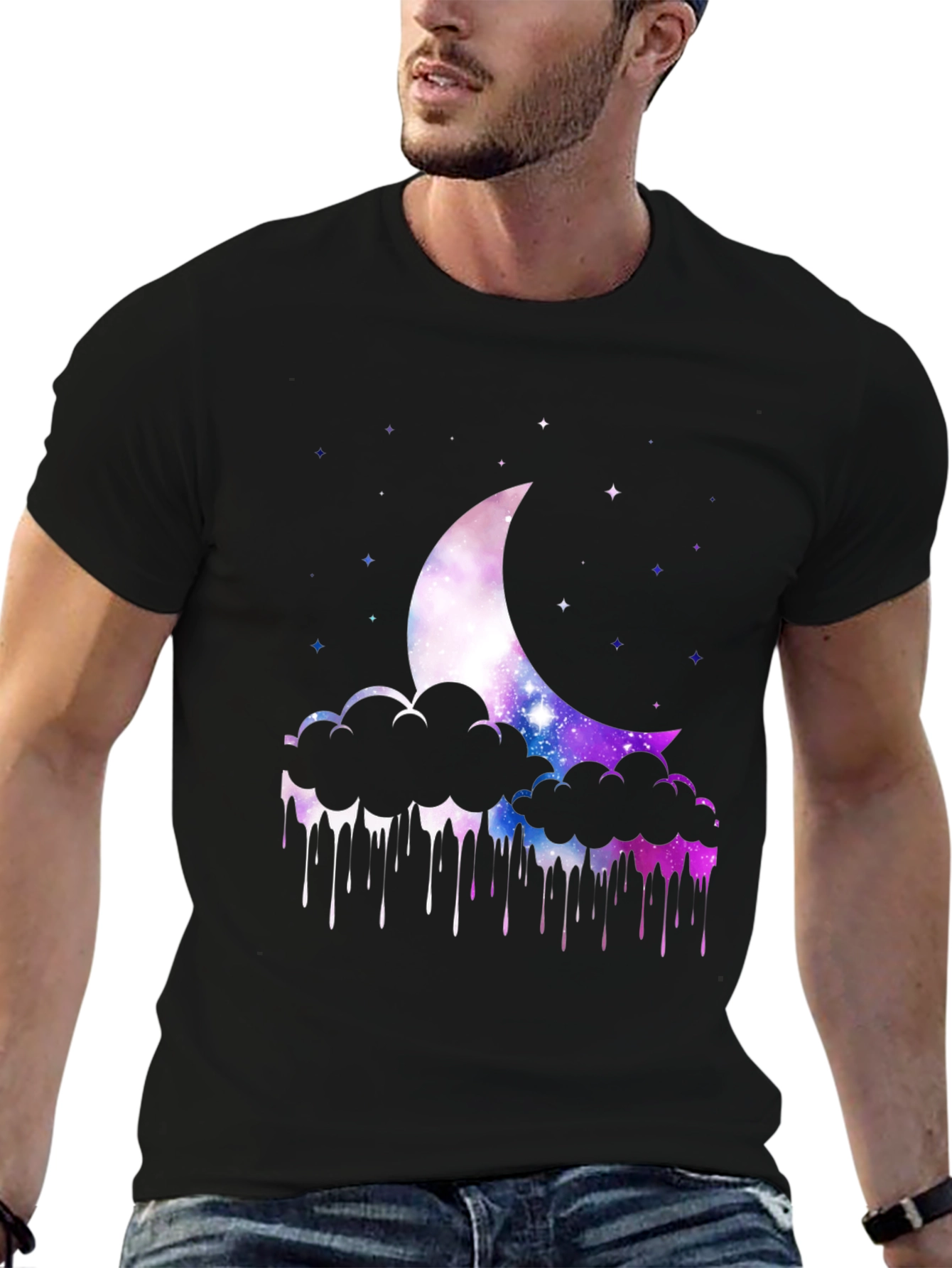 Galaxy Moon Clouds Mens Black T-Shirt