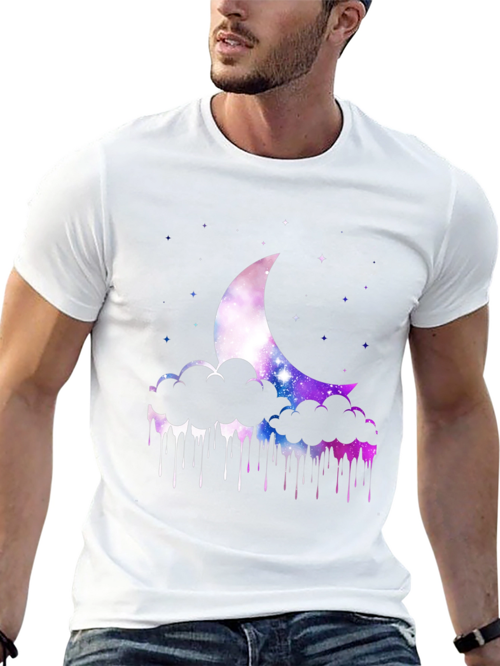 Galaxy Moon Clouds Mens Black T-Shirt