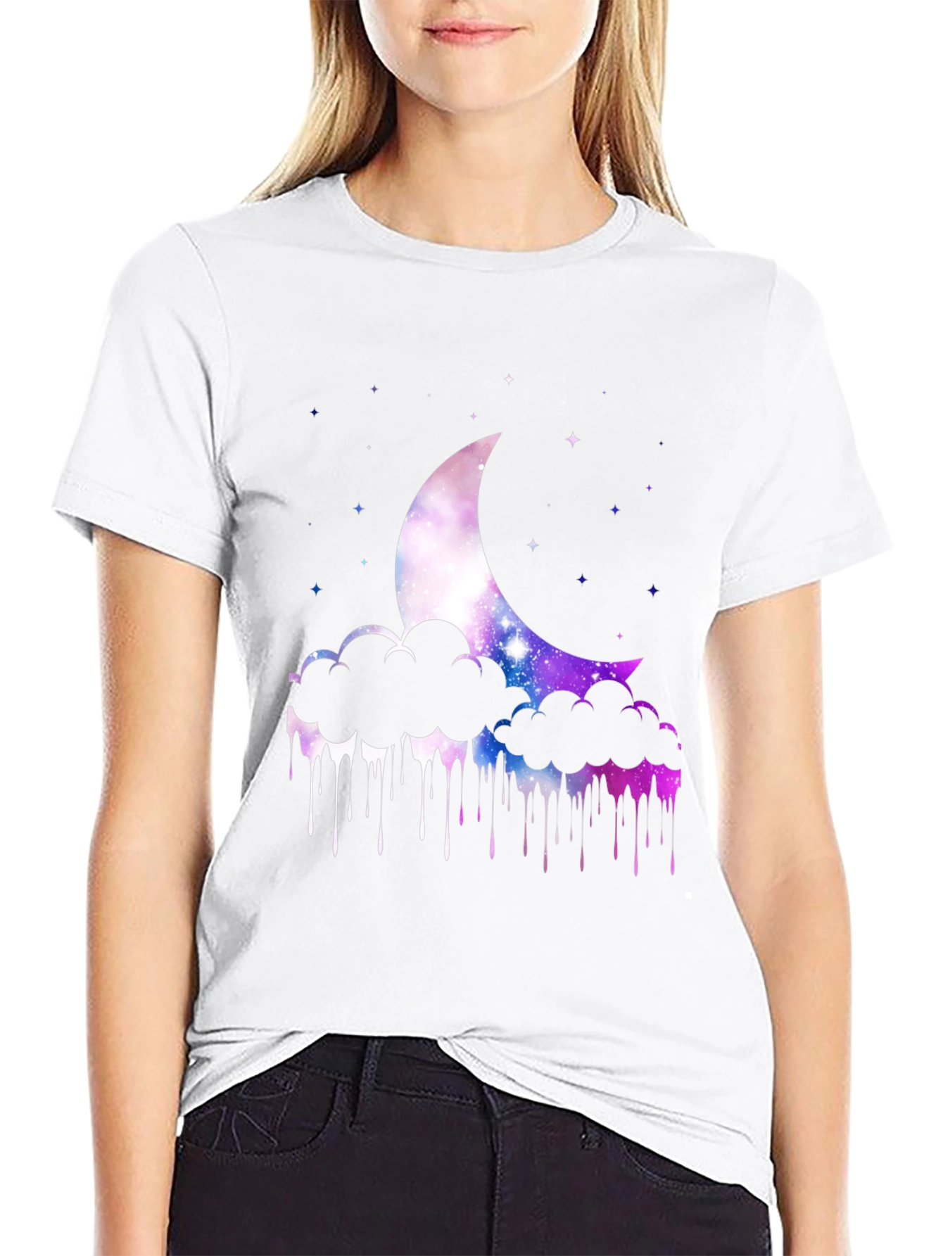 Galaxy Moon Clouds Mens Black T-Shirt