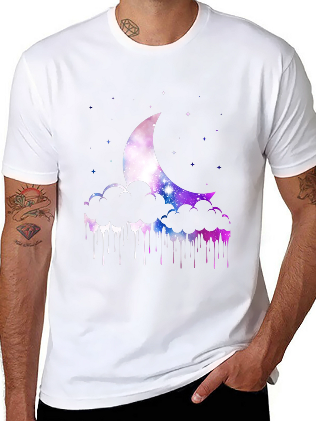Galaxy Moon Clouds Mens Black T-Shirt