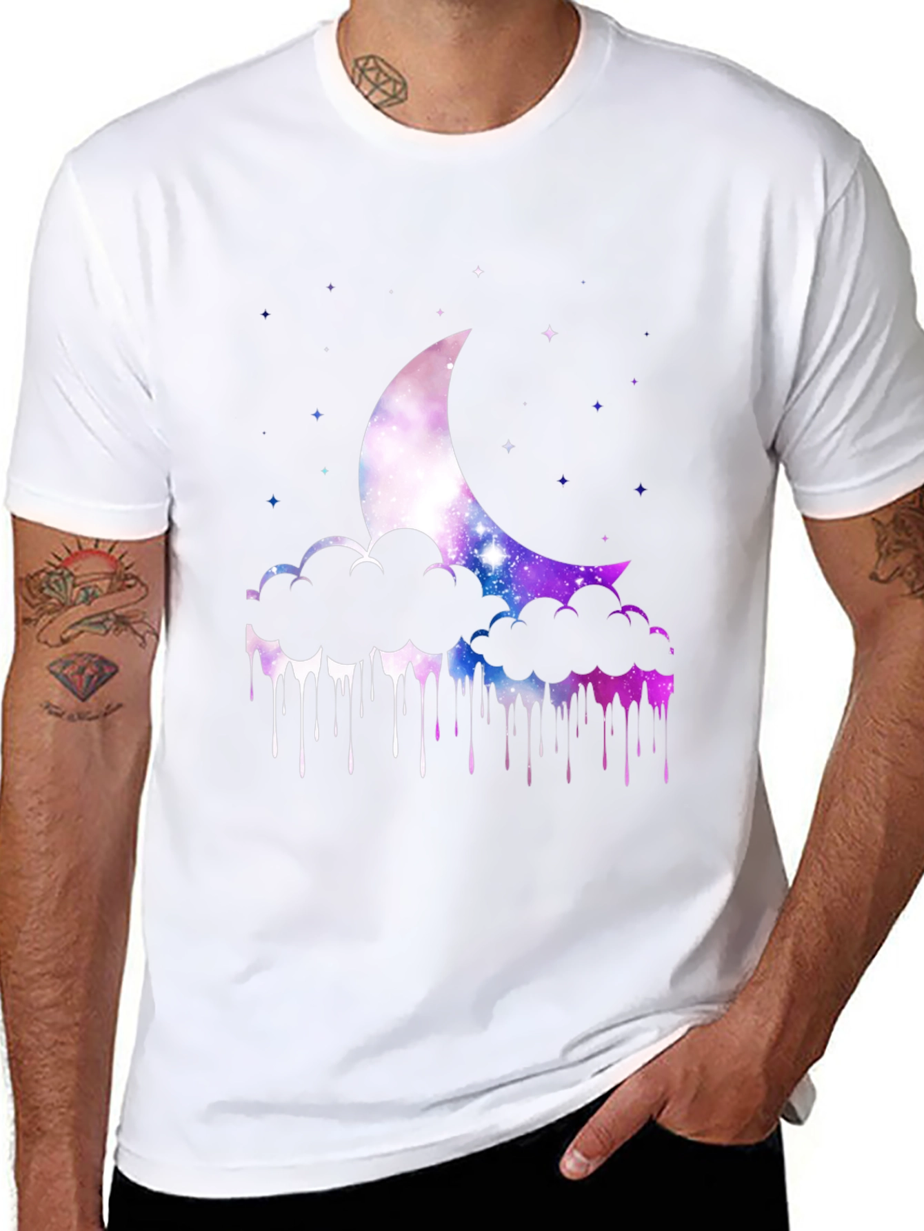 Galaxy Moon Clouds Mens Black T-Shirt