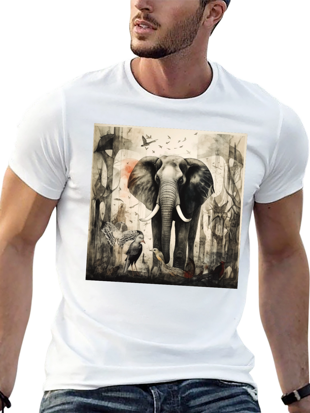 Elephant & Bird Art Graphic T-Shirt