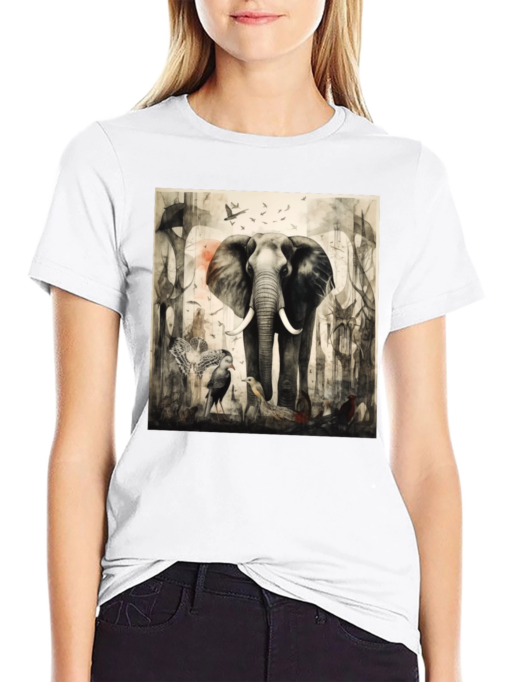 Elephant & Bird Art Graphic T-Shirt