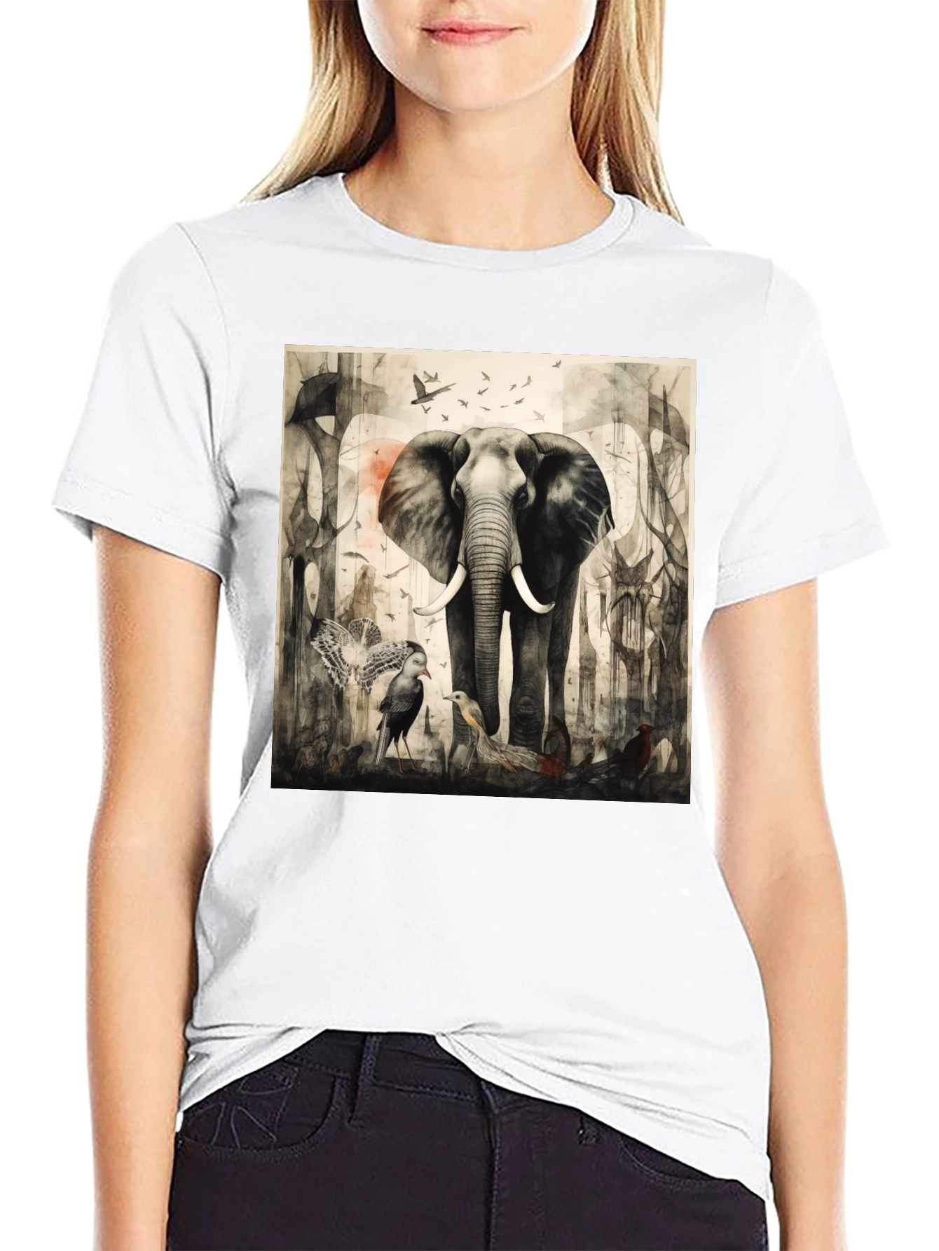 Elephant & Bird Art Graphic T-Shirt