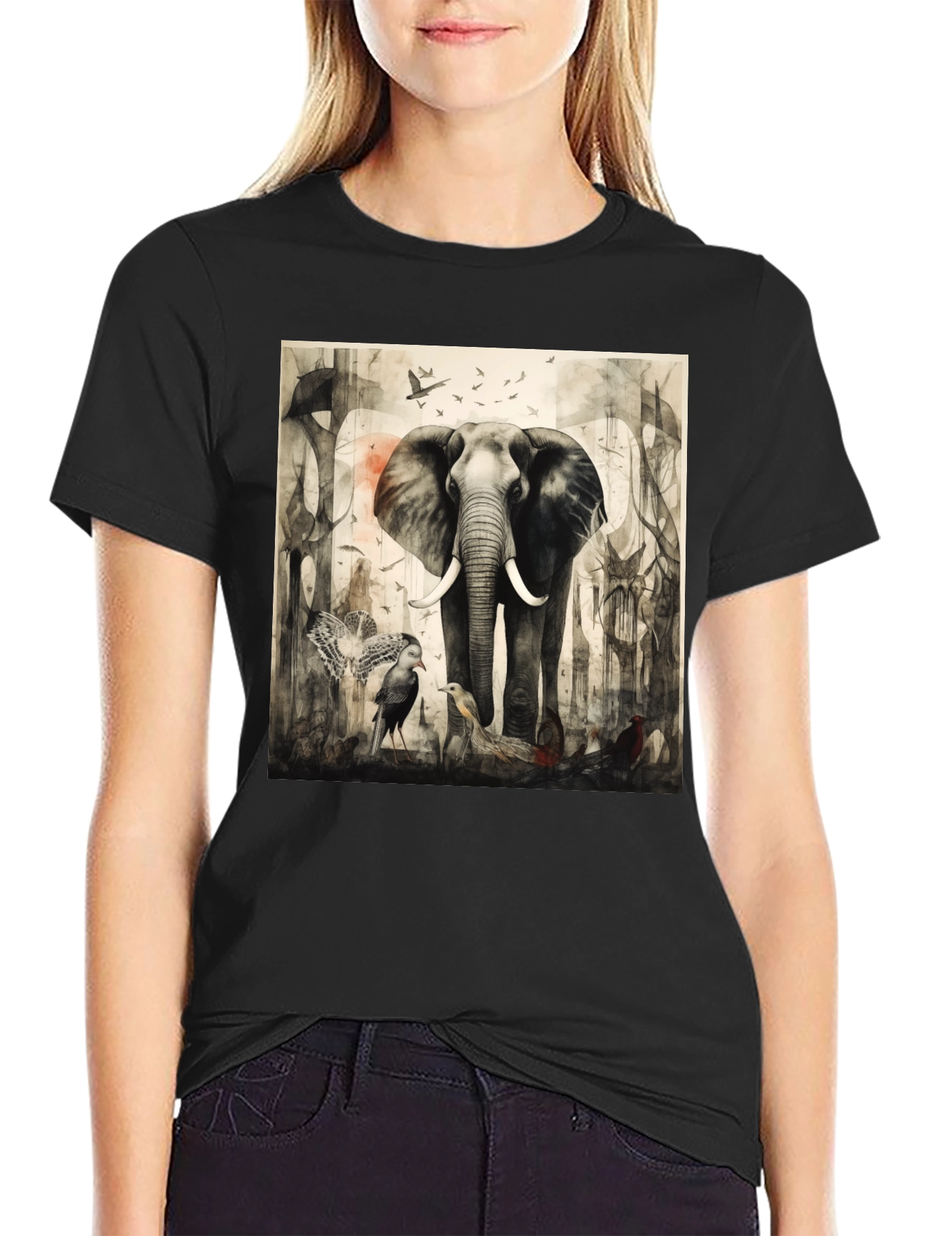 Elephant & Bird Art Graphic T-Shirt