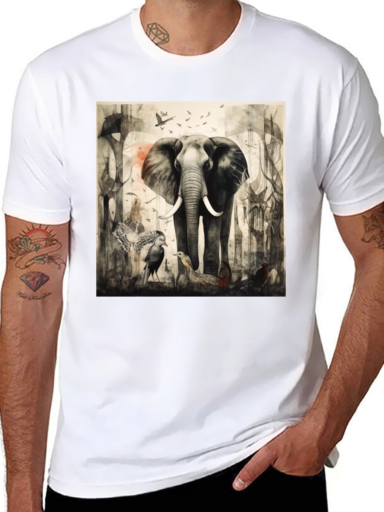 Elephant & Bird Art Graphic T-Shirt