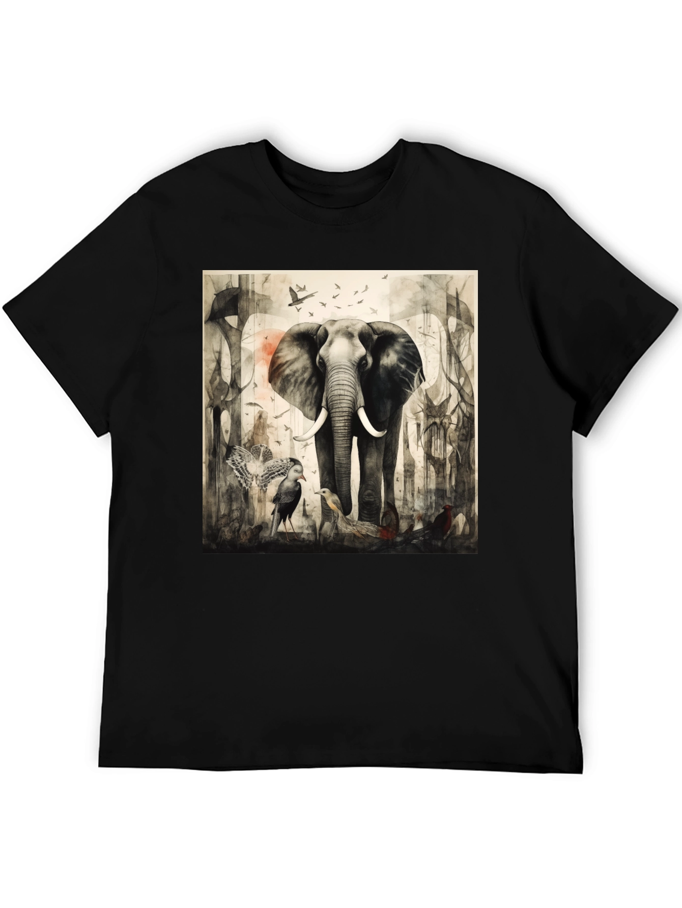 Elephant & Bird Art Graphic T-Shirt