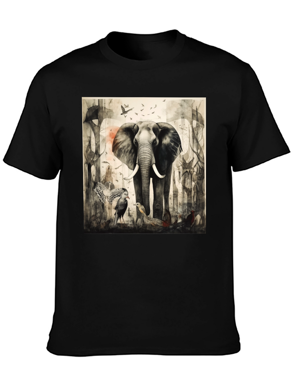 Elephant & Bird Art Graphic T-Shirt