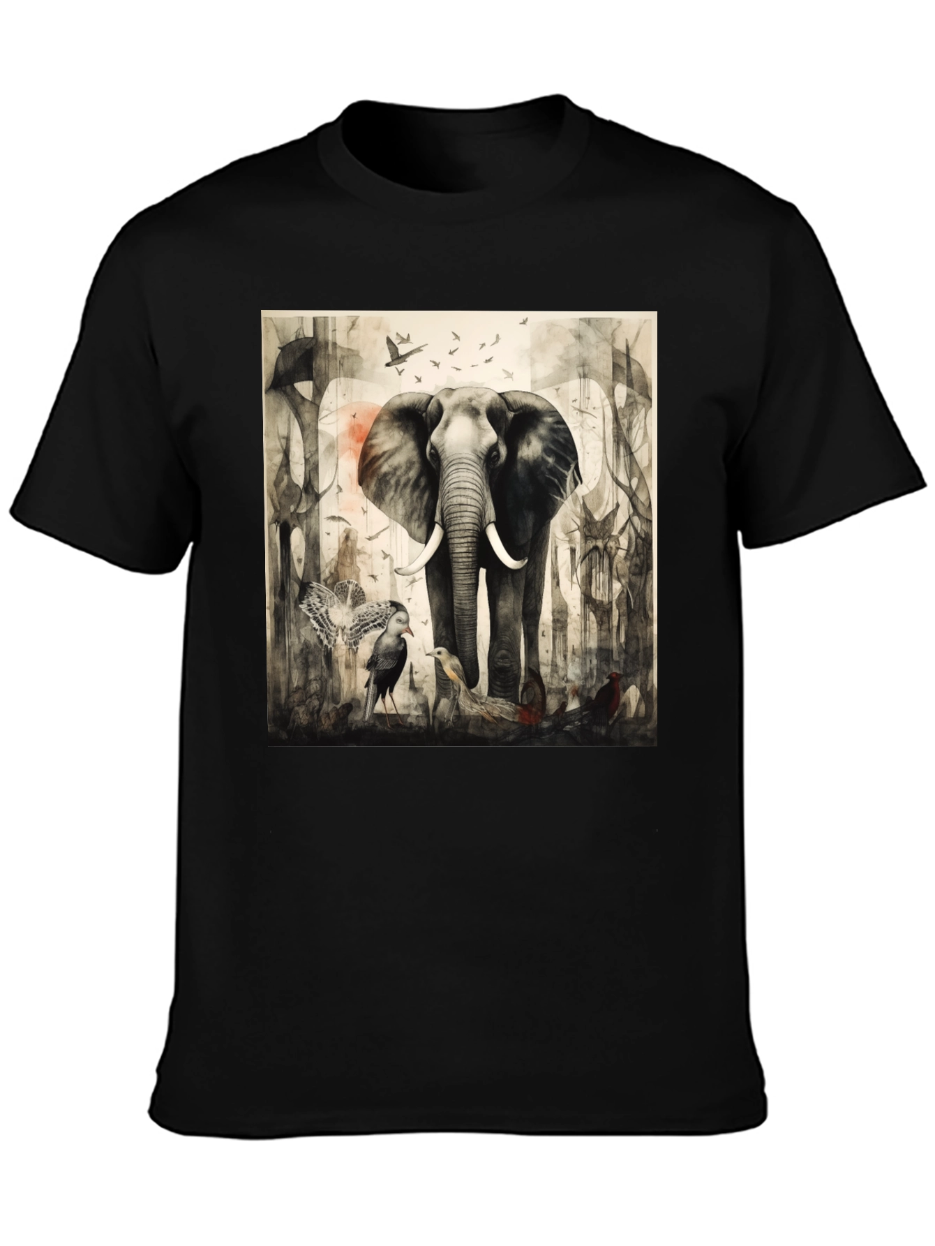 Elephant & Bird Art Graphic T-Shirt