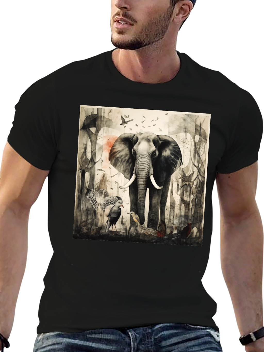 Elephant & Bird Art Graphic T-Shirt