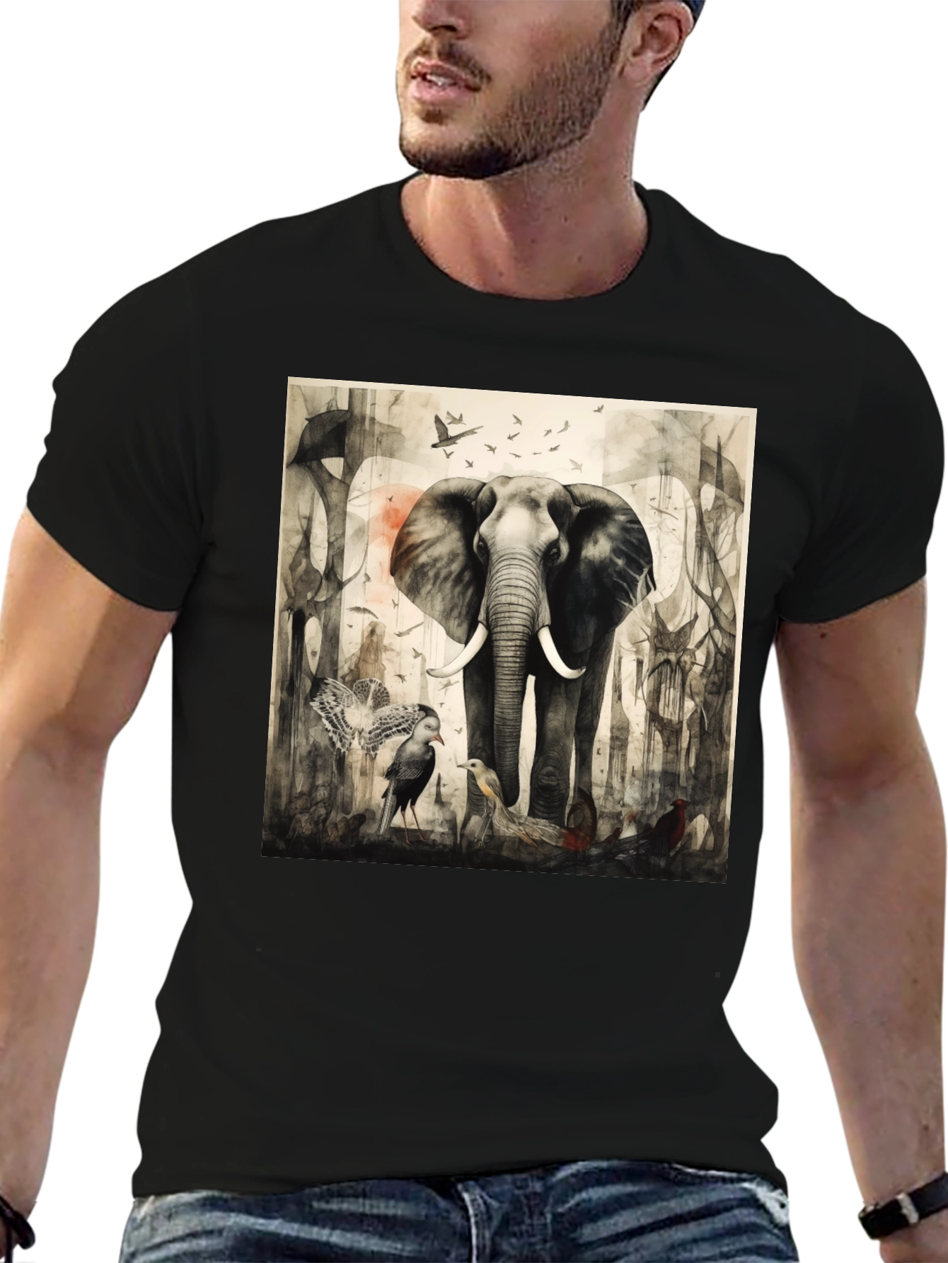 Elephant & Bird Art Graphic T-Shirt
