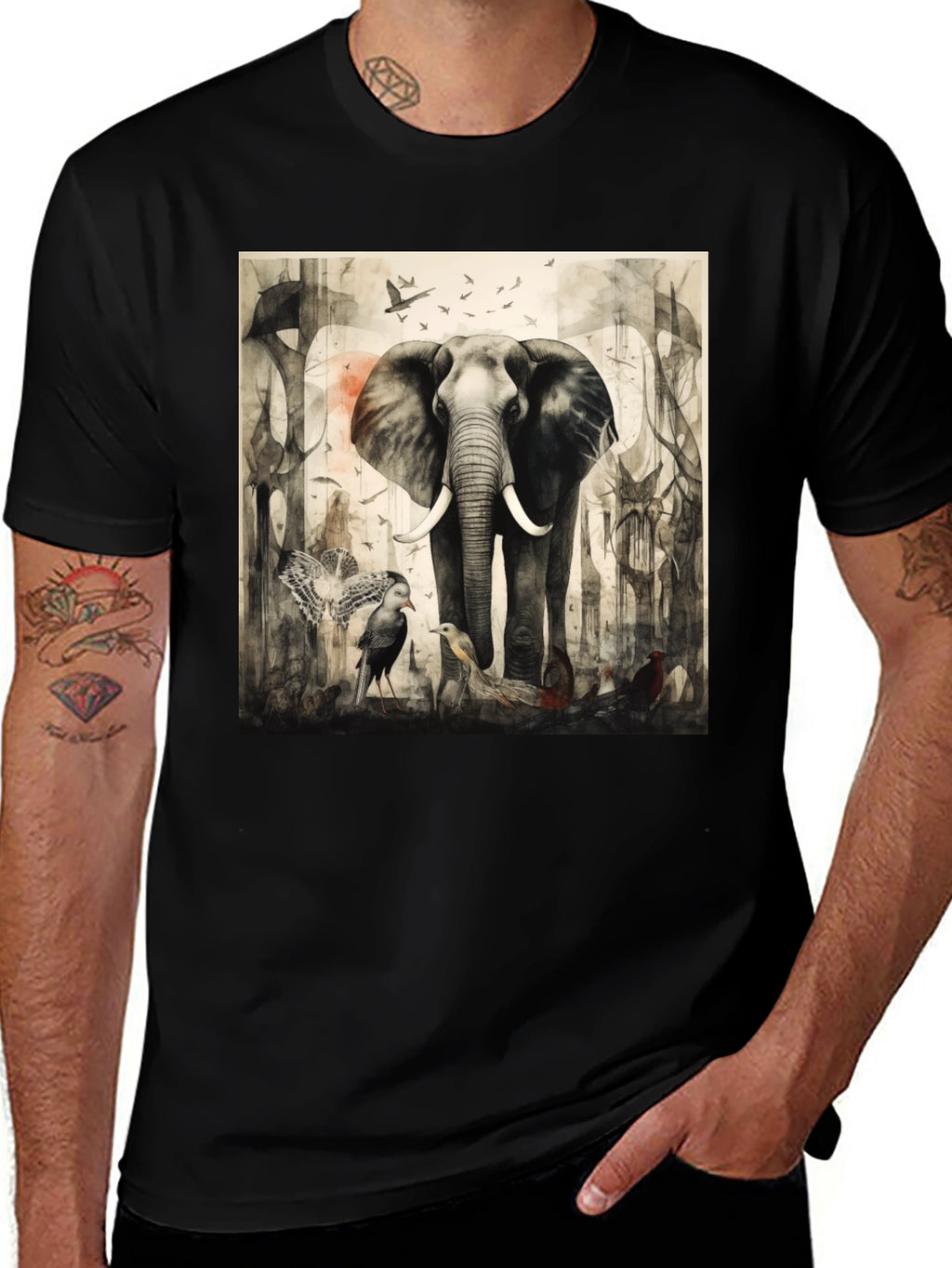 Elephant & Bird Art Graphic T-Shirt