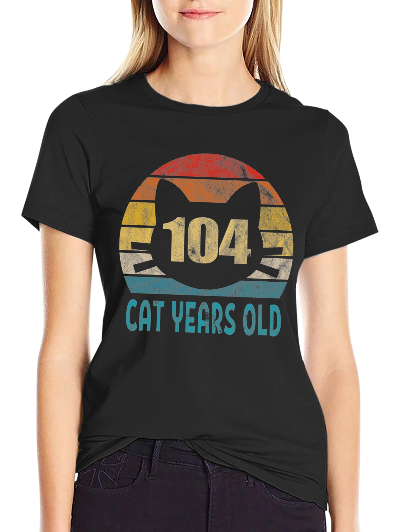 104 Cat Years Old Retro Sunset T-Shirt