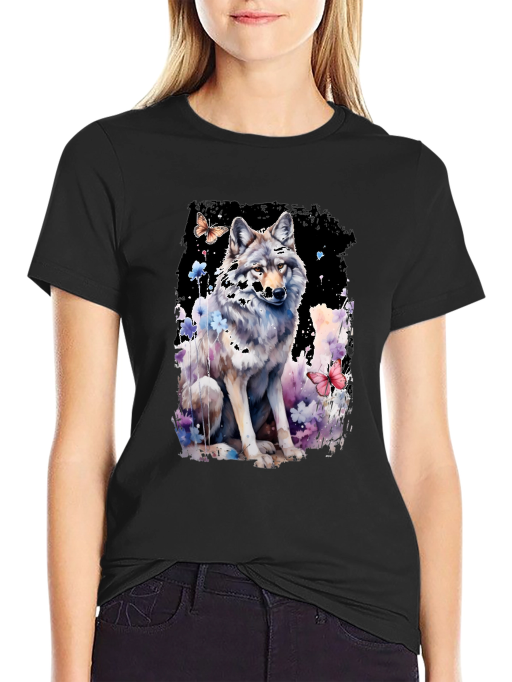 Wolf & Butterfly Graphic Tee - Artistic Black T-Shirt