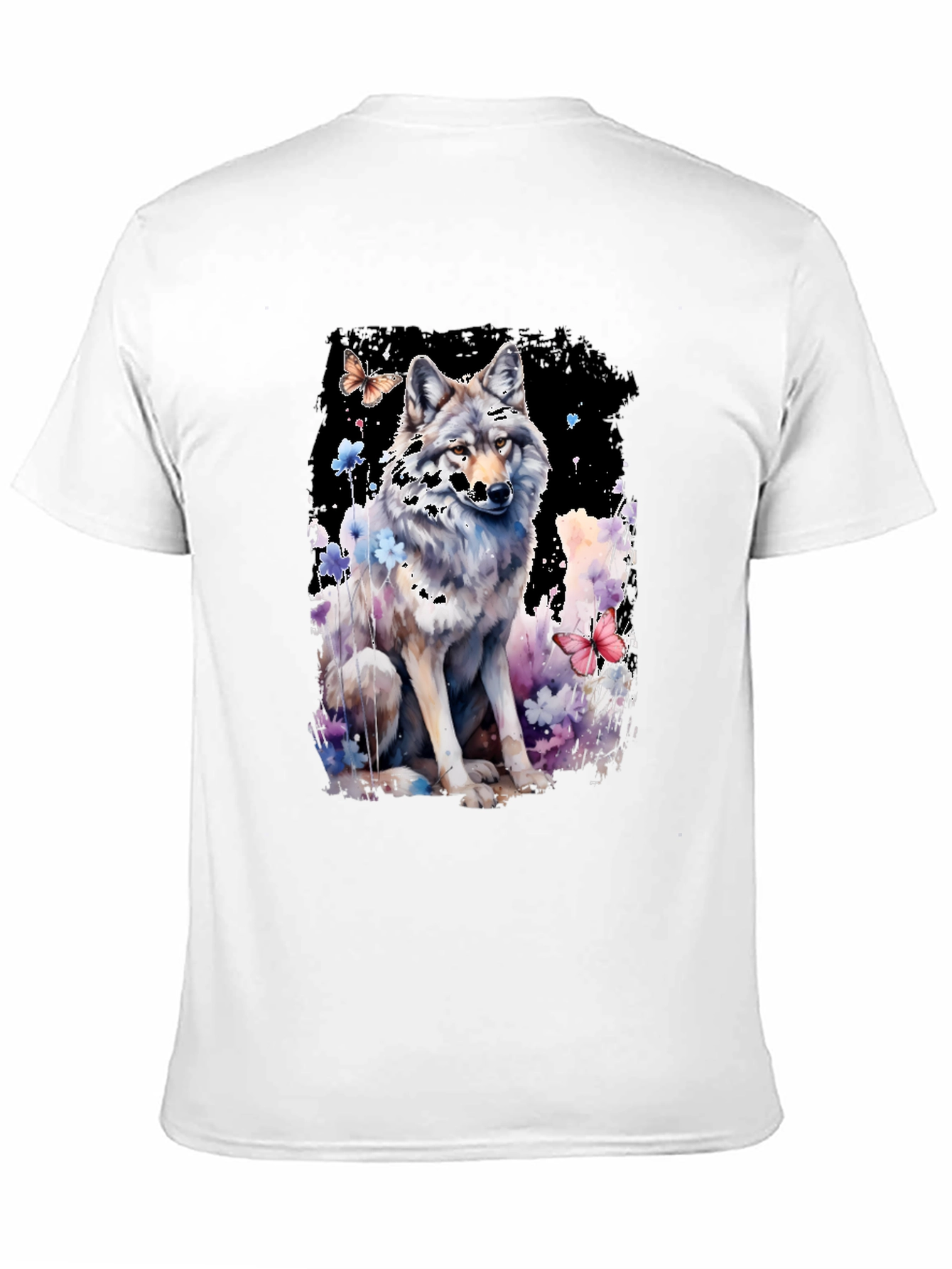 Wolf & Butterfly Graphic Tee - Artistic Black T-Shirt