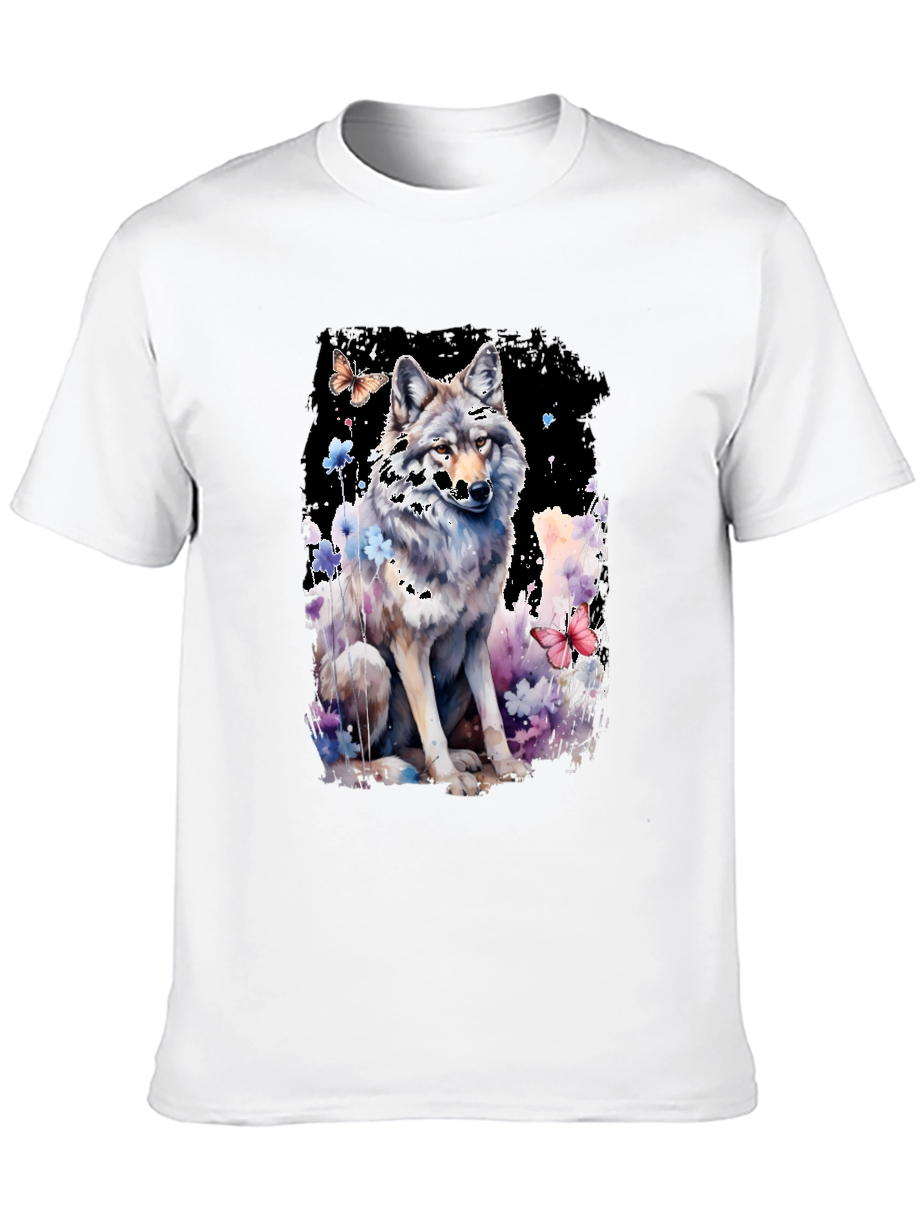 Wolf & Butterfly Graphic Tee - Artistic Black T-Shirt