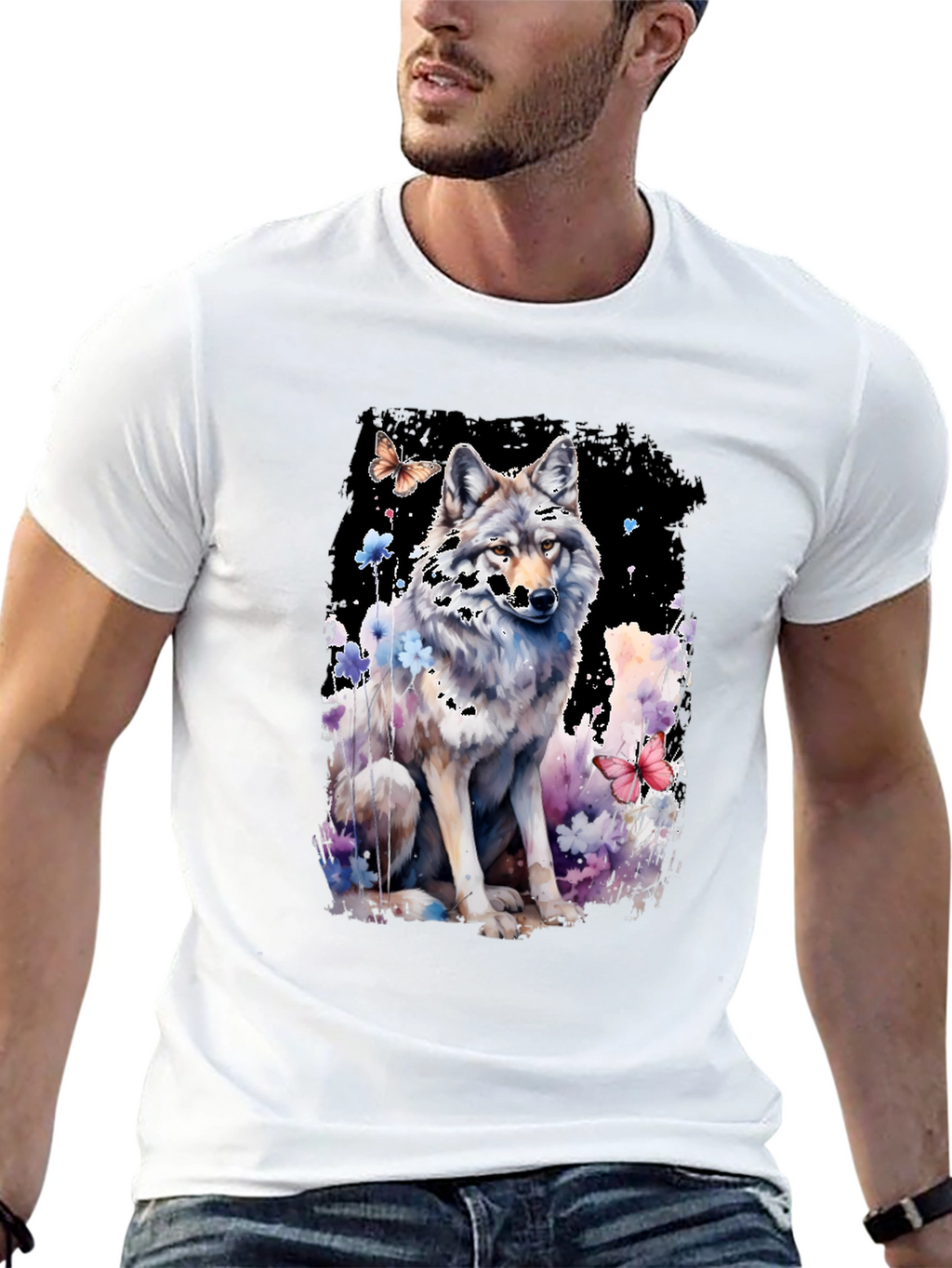 Wolf & Butterfly Graphic Tee - Artistic Black T-Shirt