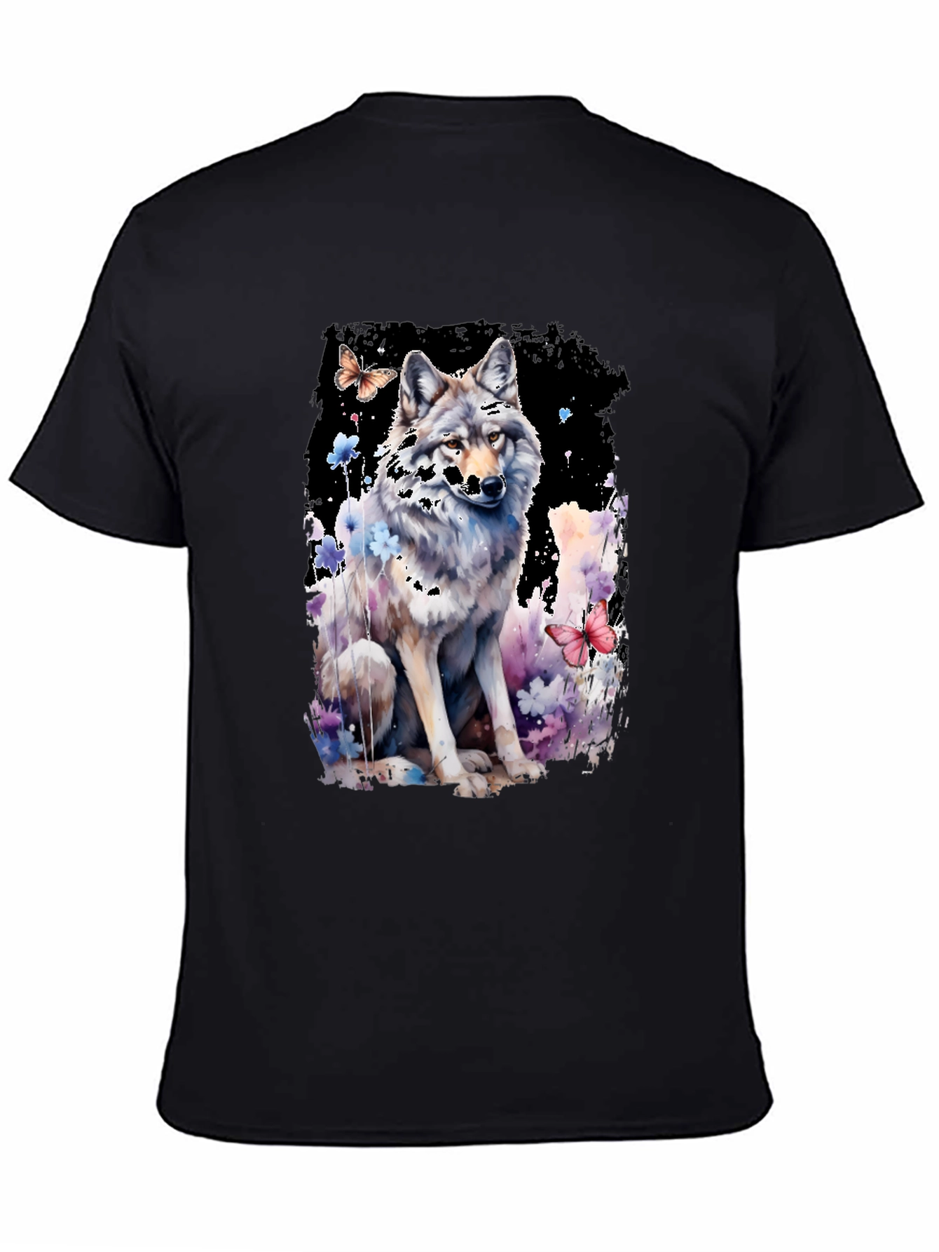 Wolf & Butterfly Graphic Tee - Artistic Black T-Shirt